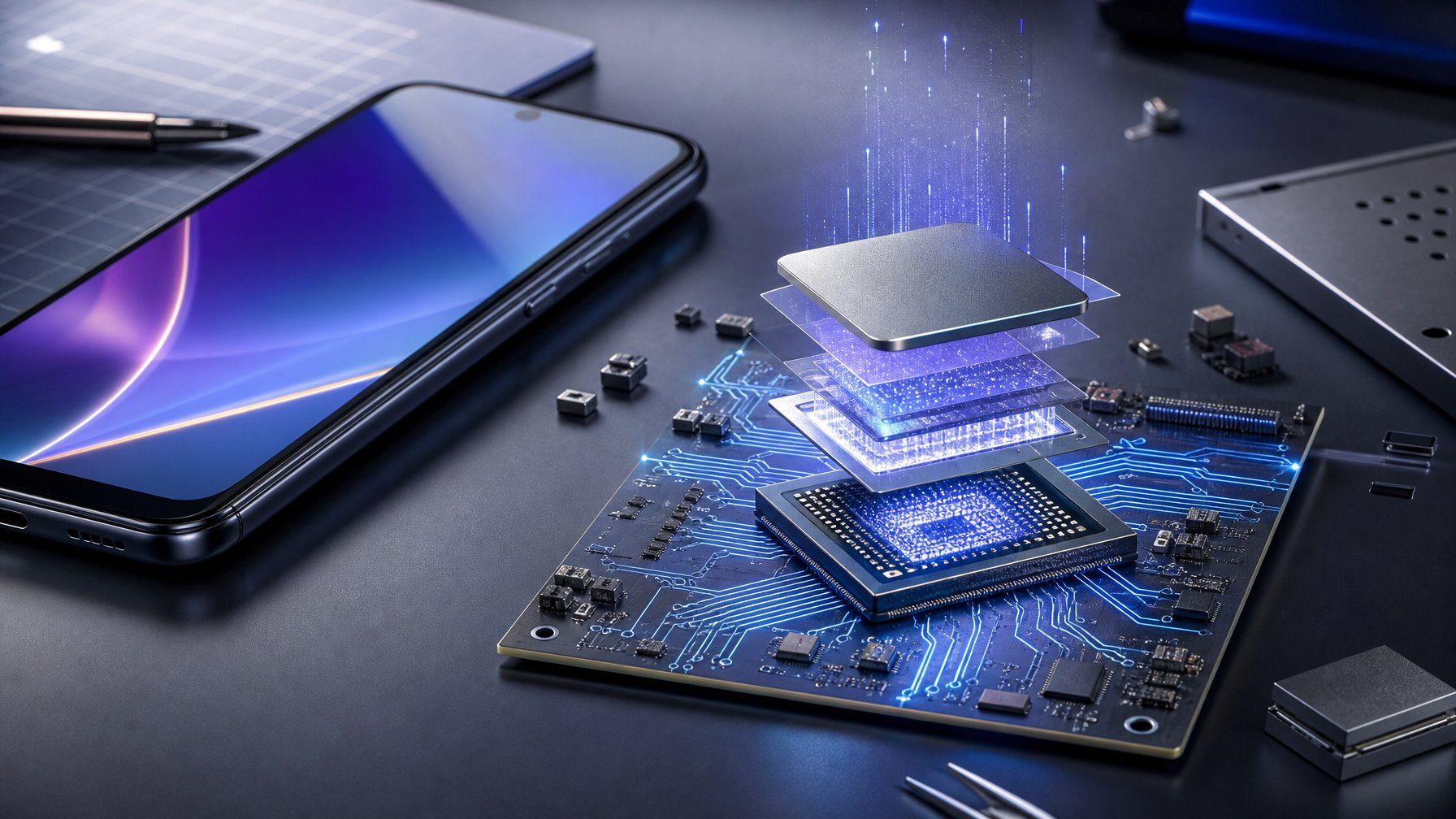 Ponsel pintar dan chipset semikonduktor modern di atas meja teknologi dengan cahaya biru dan ungu.