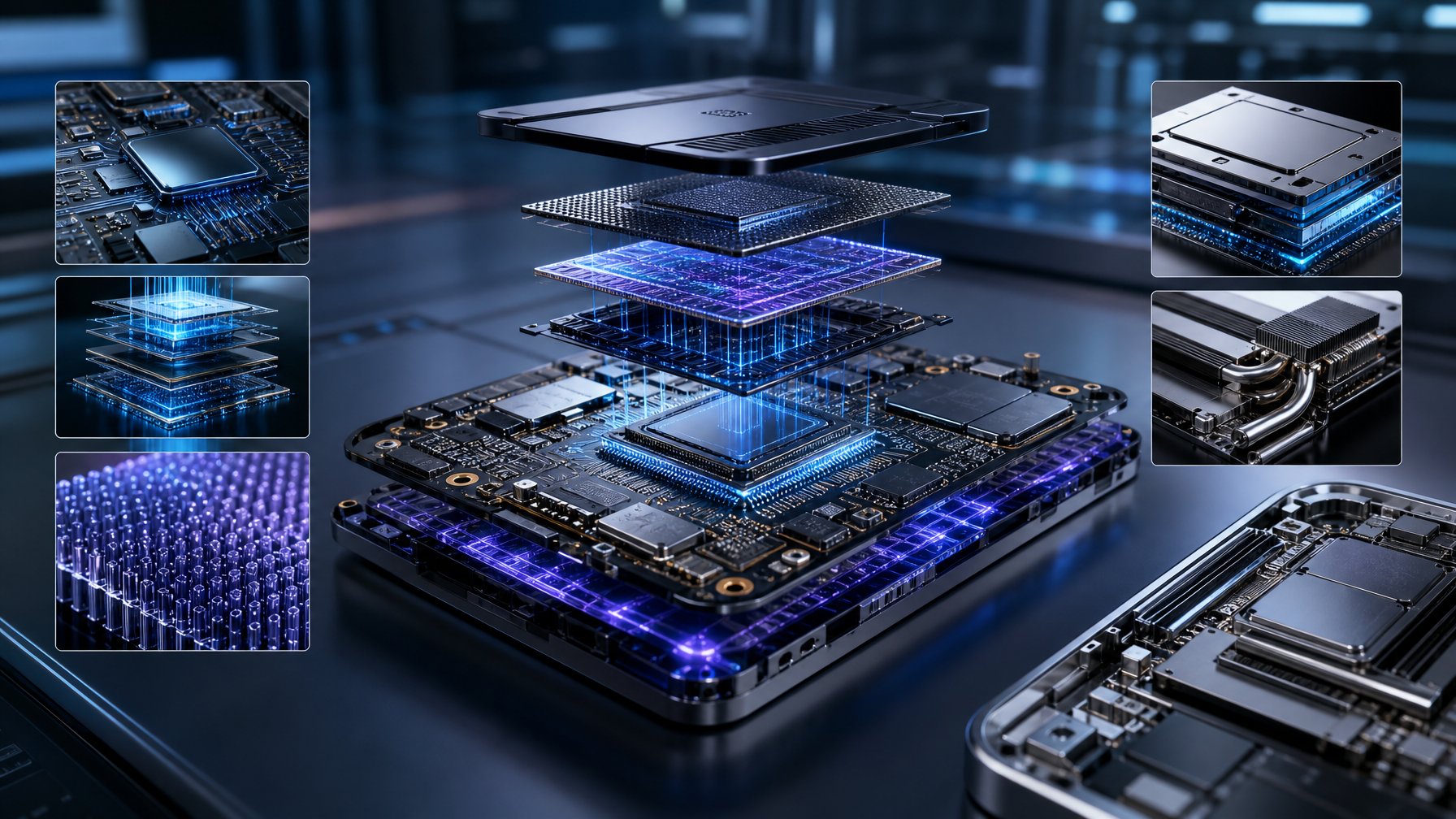 Chip prosesor modern di atas papan sirkuit dalam laboratorium teknologi dengan aliran cahaya yang menggambarkan performa tinggi.