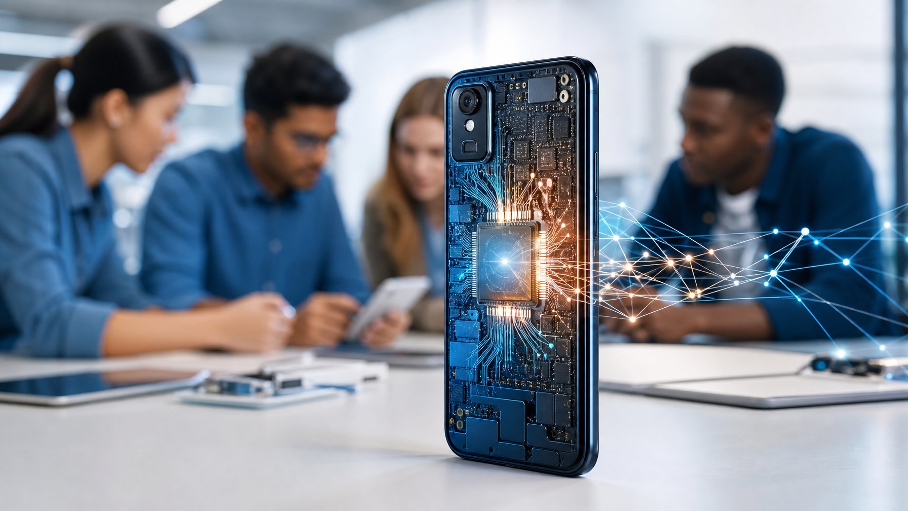 Ponsel terjangkau dengan chip AI yang divisualisasikan secara futuristis, sementara para pengamat mengamati prototipe di latar belakang.