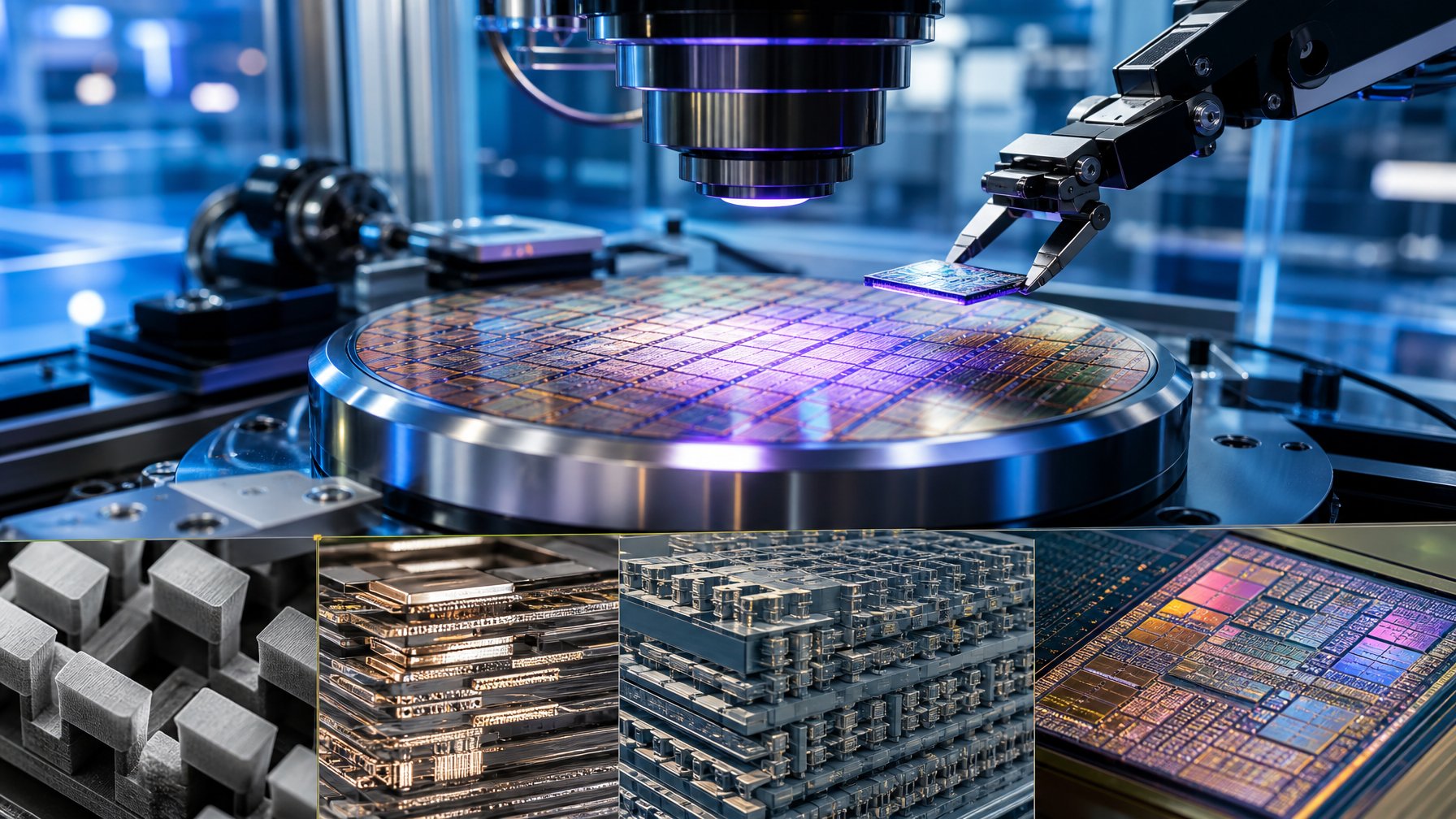 Wafer silikon dan struktur transistor berukuran sangat kecil sedang diperiksa di laboratorium semikonduktor modern.