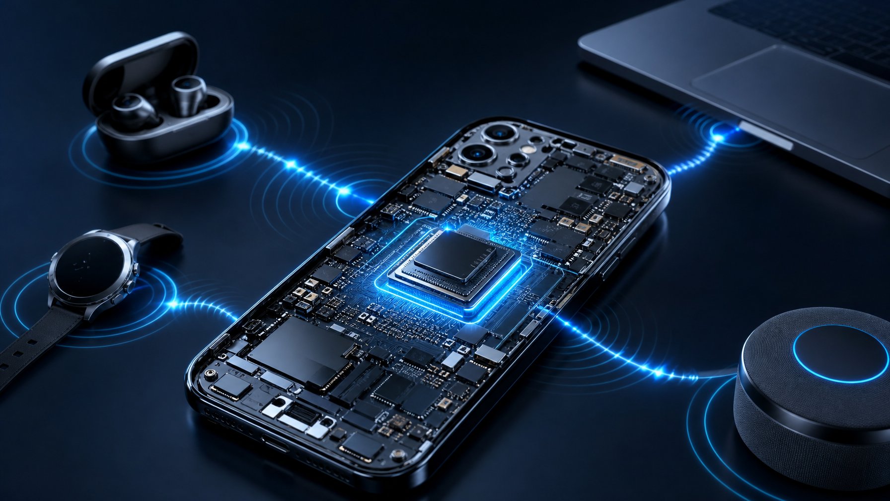 Chipset ponsel modern menggabungkan gelombang konektivitas nirkabel yang terhubung ke berbagai perangkat pintar.