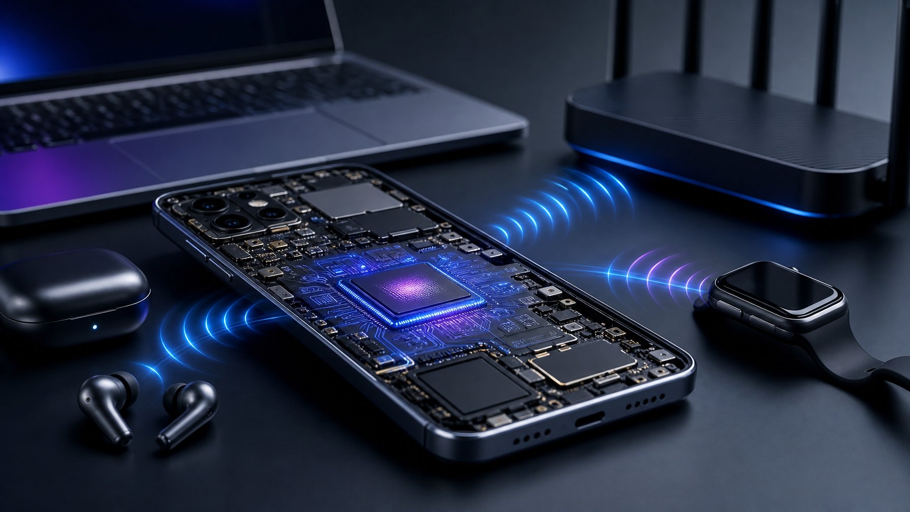 Ponsel modern dengan chipset terbuka yang memancarkan sinyal nirkabel ke beberapa perangkat di sekitarnya.