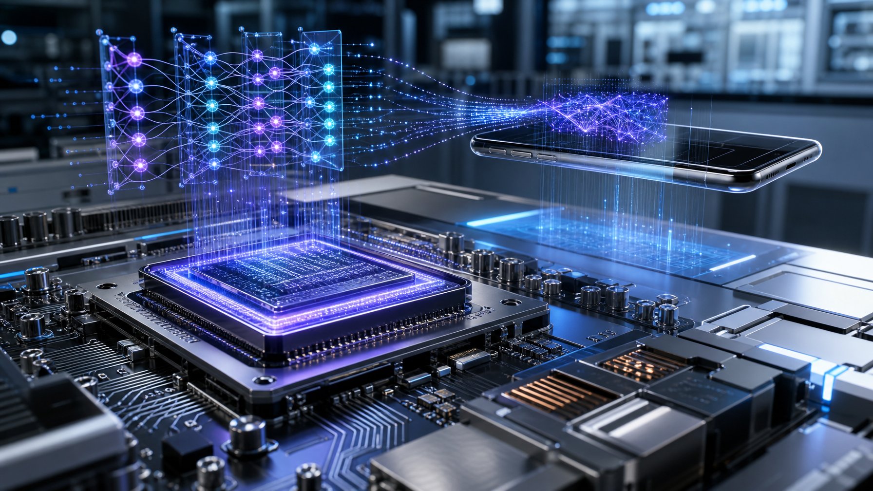 Chip NPU canggih pada papan elektronik dengan visualisasi jaringan saraf dan pemrosesan AI lokal.
