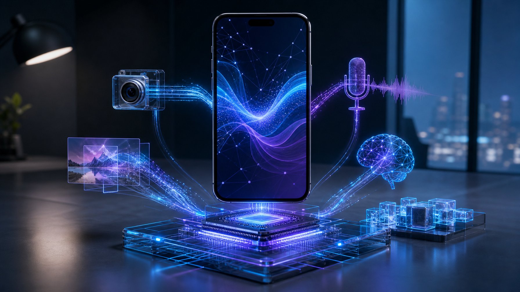 Ponsel pintar modern dikelilingi visualisasi chip dan jaringan cahaya yang menggambarkan pemrosesan AI secara real-time.