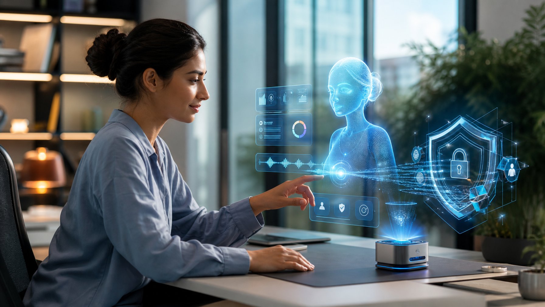 Seorang profesional berinteraksi dengan asisten virtual holografis di samping prosesor AI, dikelilingi simbol perlindungan data.