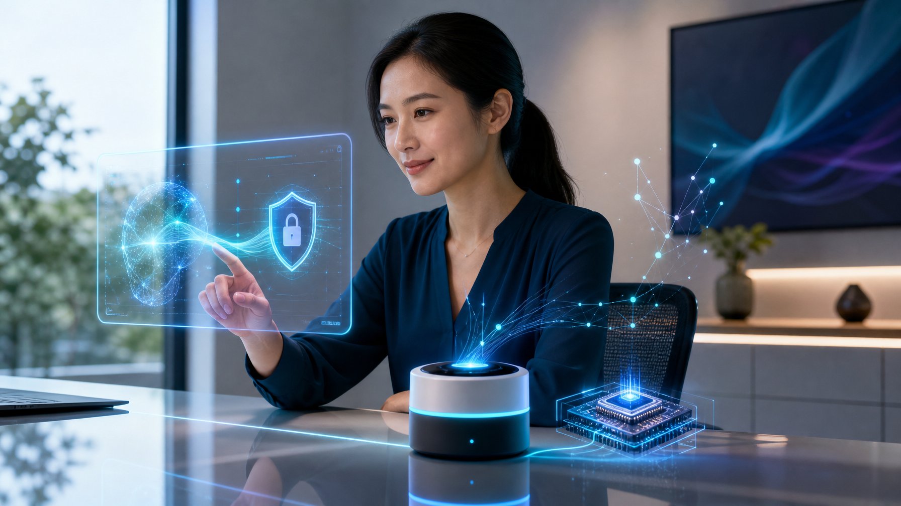 Profesional menggunakan asisten virtual dengan pemrosesan AI dan perlindungan data pribadi.