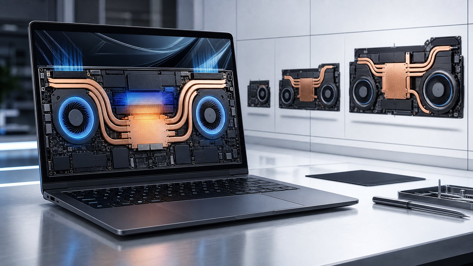 Laptop modern dengan sistem pendingin internal canggih dan komponen pelepas panas yang terlihat.