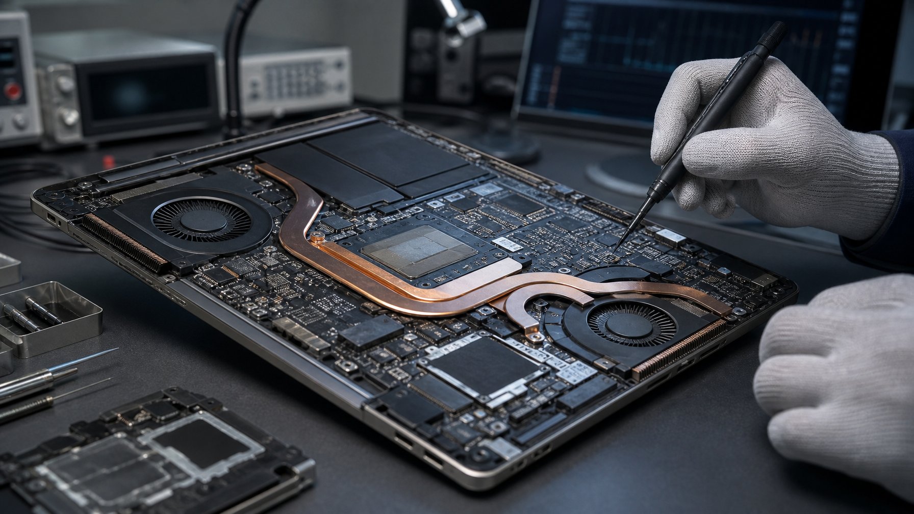 Teknisi memeriksa sistem pendingin laptop modern yang terbuka di meja laboratorium.
