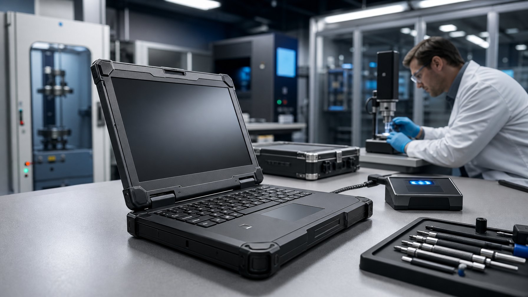 Laptop tangguh diperiksa teknisi di laboratorium keamanan dengan pemindai biometrik.