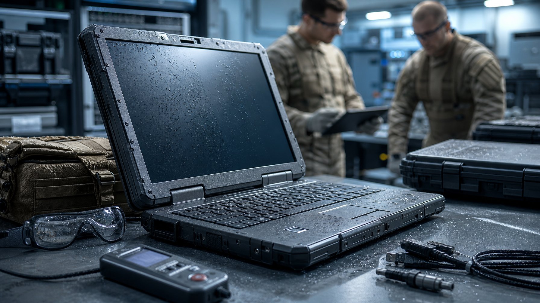 Laptop tangguh dengan pemindai sidik jari sedang diuji di fasilitas teknologi militer.