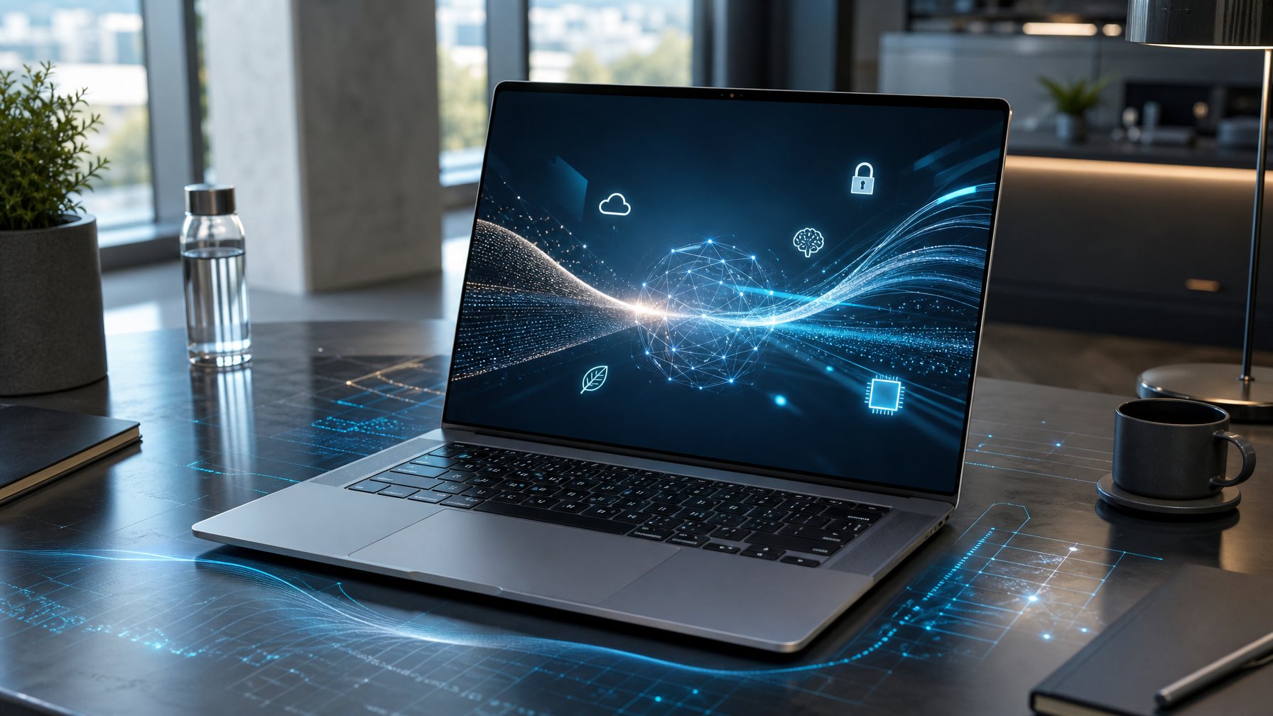 Laptop tipis modern terbuka di ruang kerja futuristis dengan cahaya biru lembut yang menggambarkan komputasi pintar.