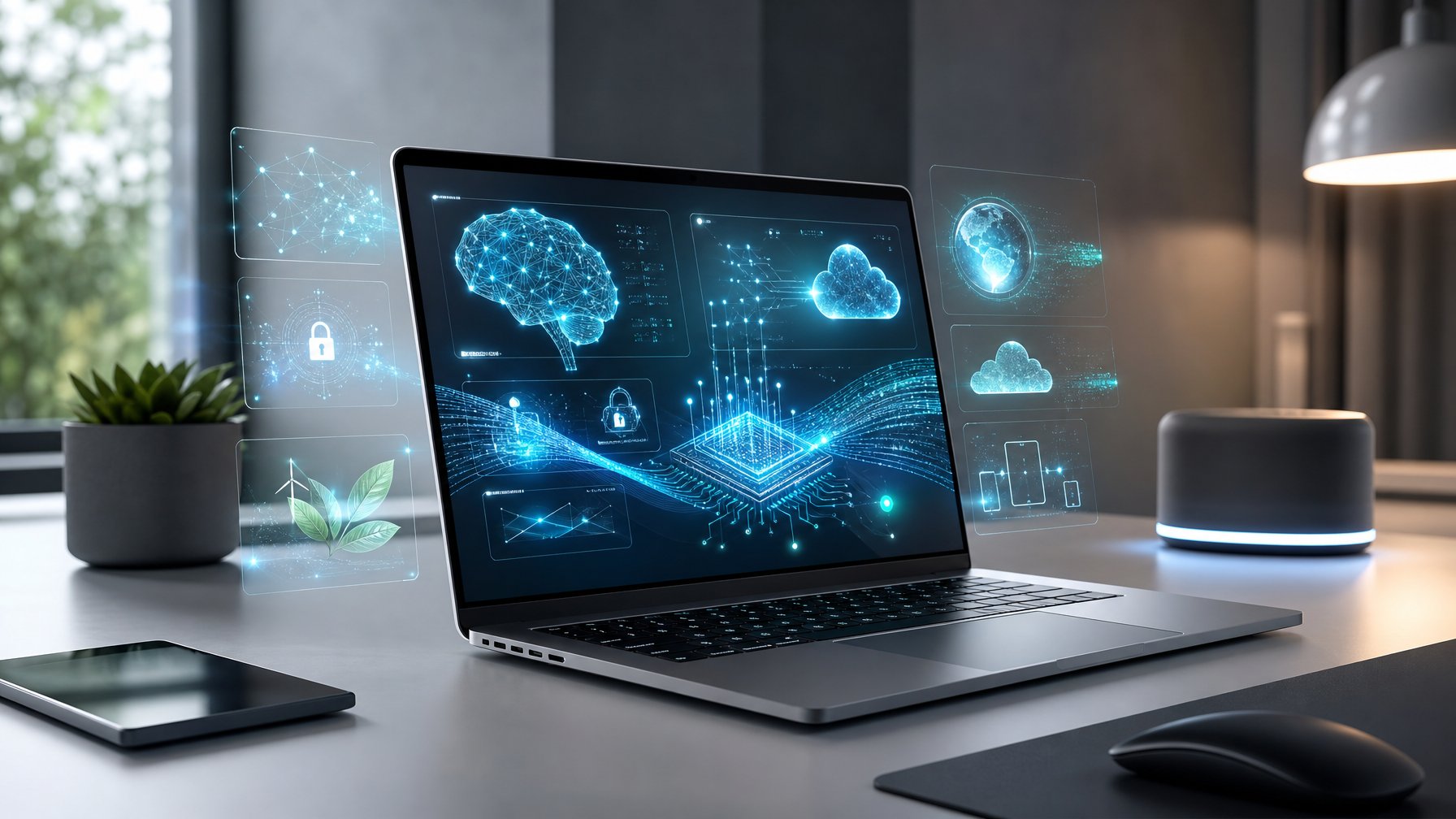 Laptop tipis modern dikelilingi visualisasi abstrak kecerdasan buatan dan jaringan data di meja kerja futuristis.