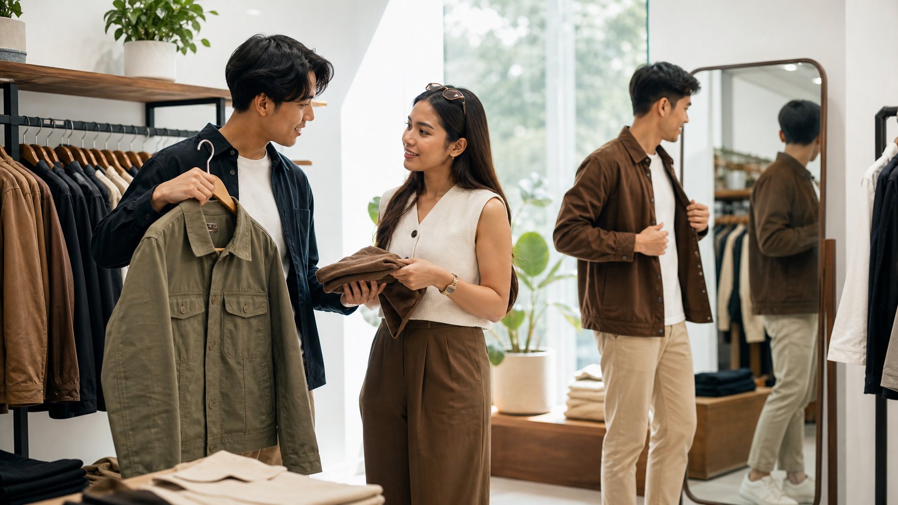 Sekelompok anak muda memilih pakaian di butik modern.