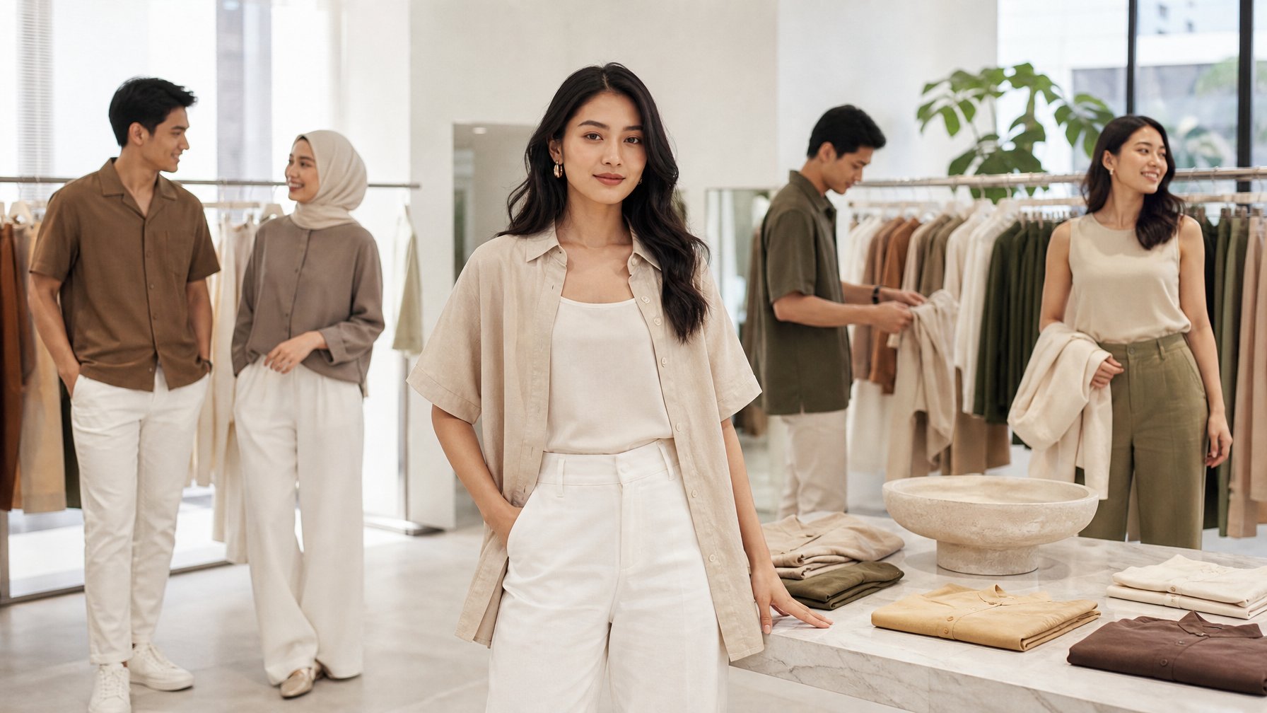 Sekelompok model mengenakan pakaian kasual bergaya di dalam butik modern.