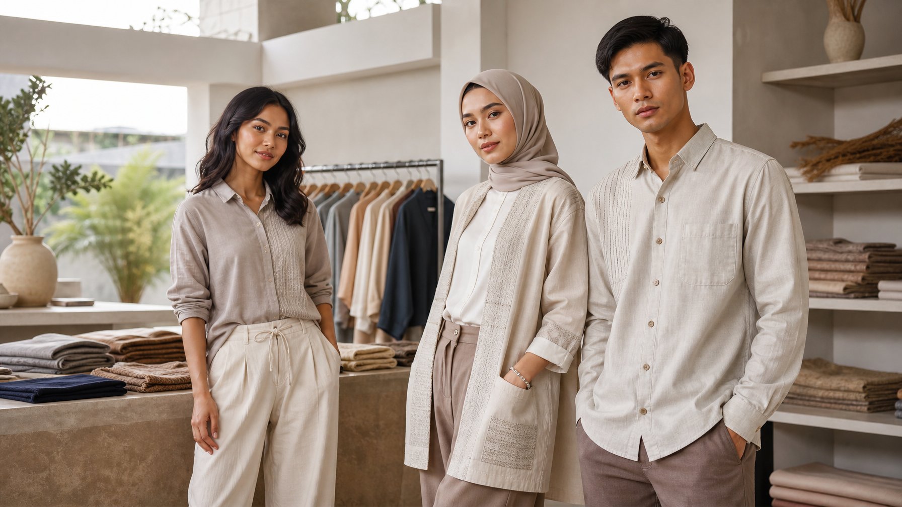 Tiga model muda mengenakan pakaian lokal bergaya modern di dalam butik minimalis.