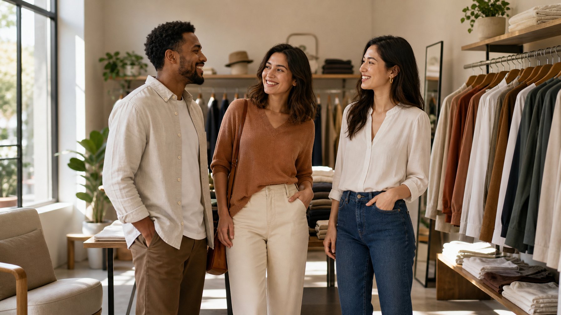 Tiga orang mengenakan pakaian kasual yang nyaman di dalam butik modern.