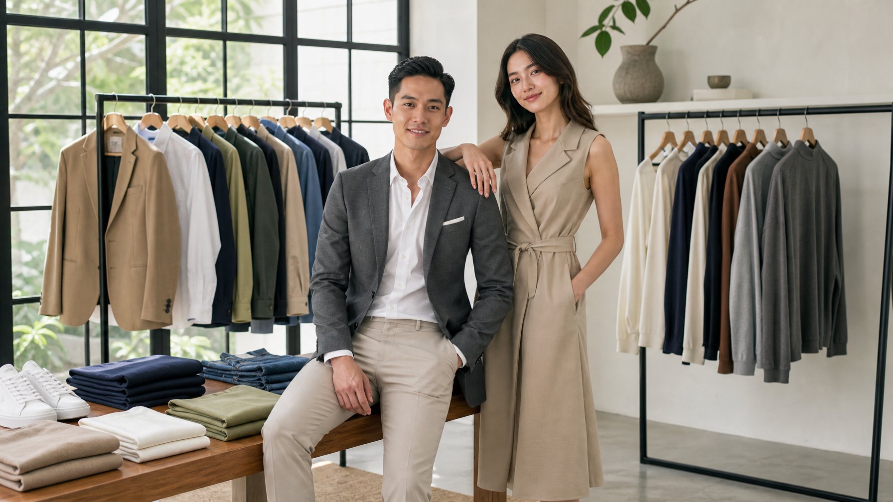Seorang pria dan wanita mengenakan pakaian formal dan kasual di dalam butik modern.
