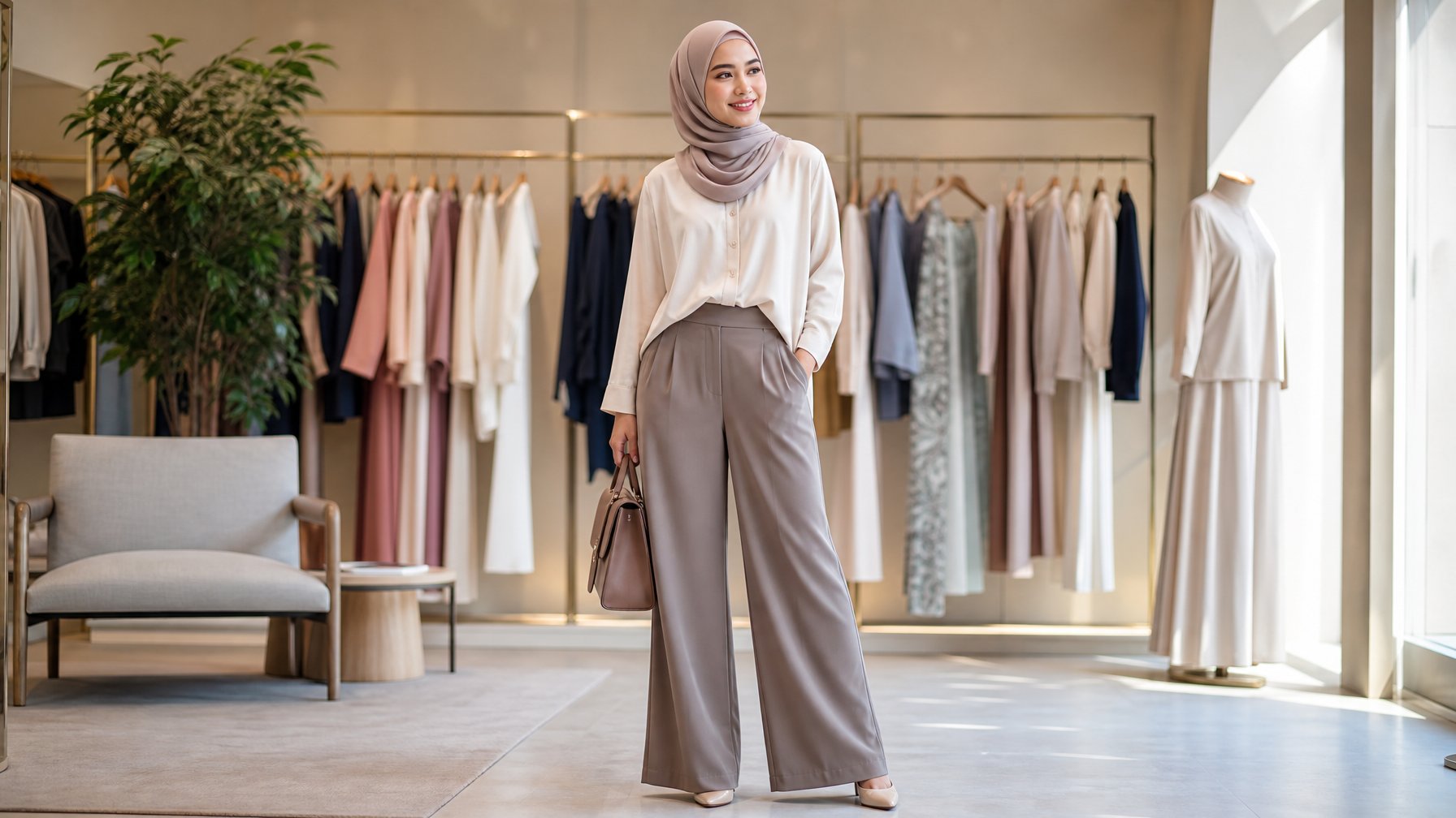 Seorang wanita berhijab mengenakan busana modis dan nyaman di butik pakaian.