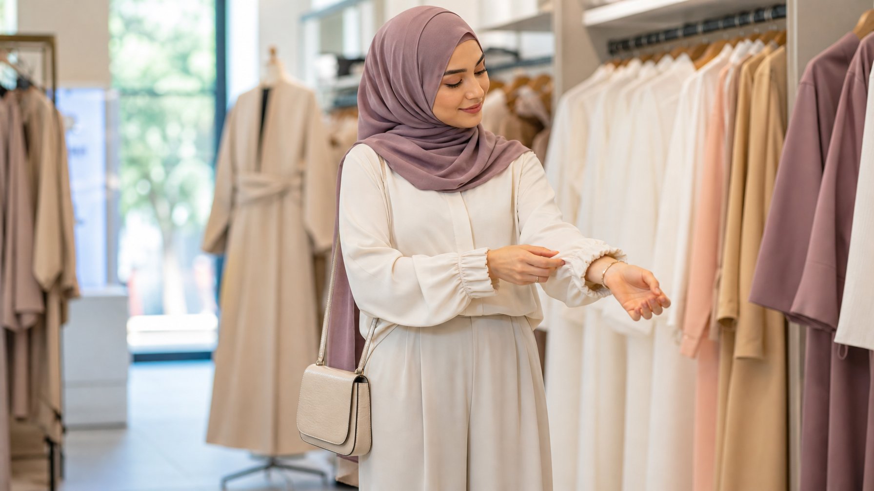 Seorang perempuan berhijab mengenakan busana modis dan nyaman di dalam butik pakaian.