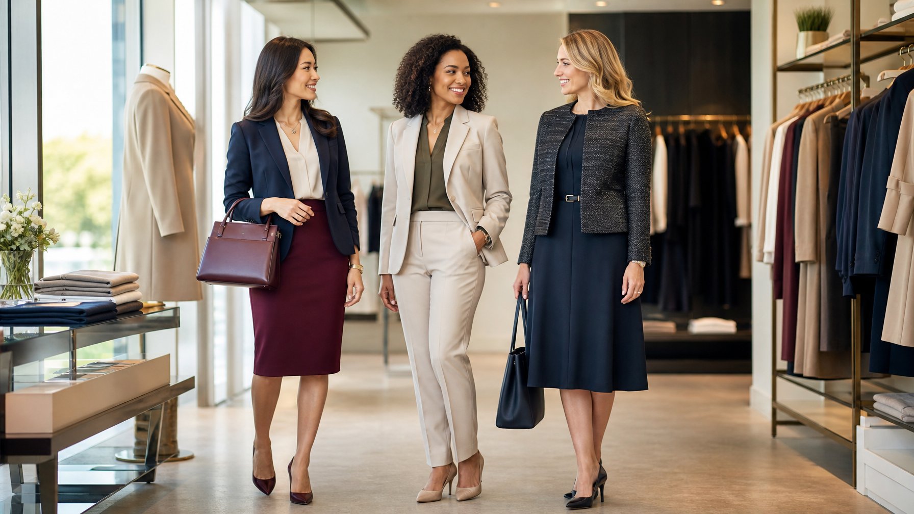 Tiga wanita profesional mengenakan busana kantor elegan di ruang butik modern.