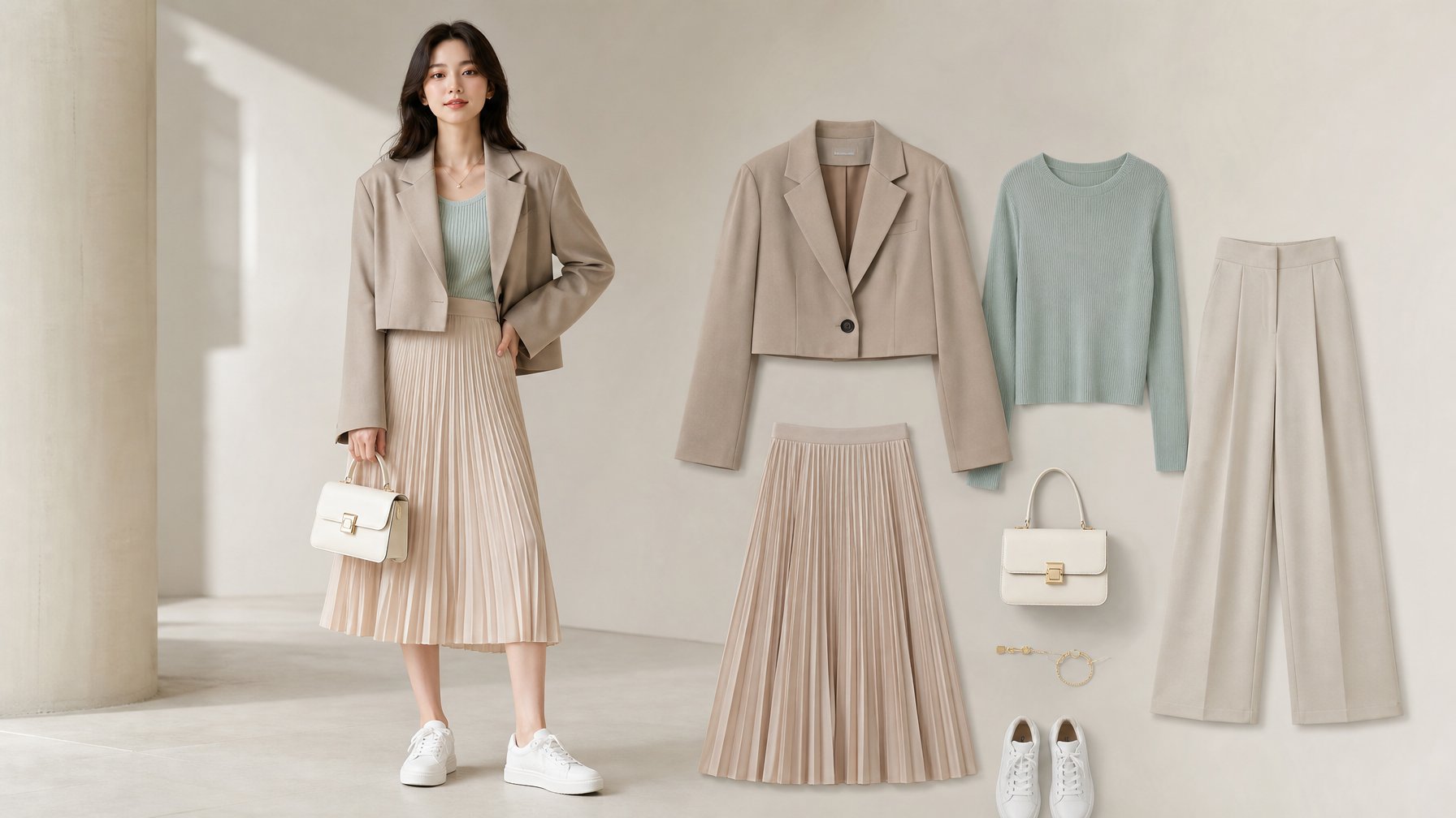Seorang perempuan berdiri di ruang terang mengenakan pakaian modern dengan blazer, atasan rajut, rok dan sepatu putih.