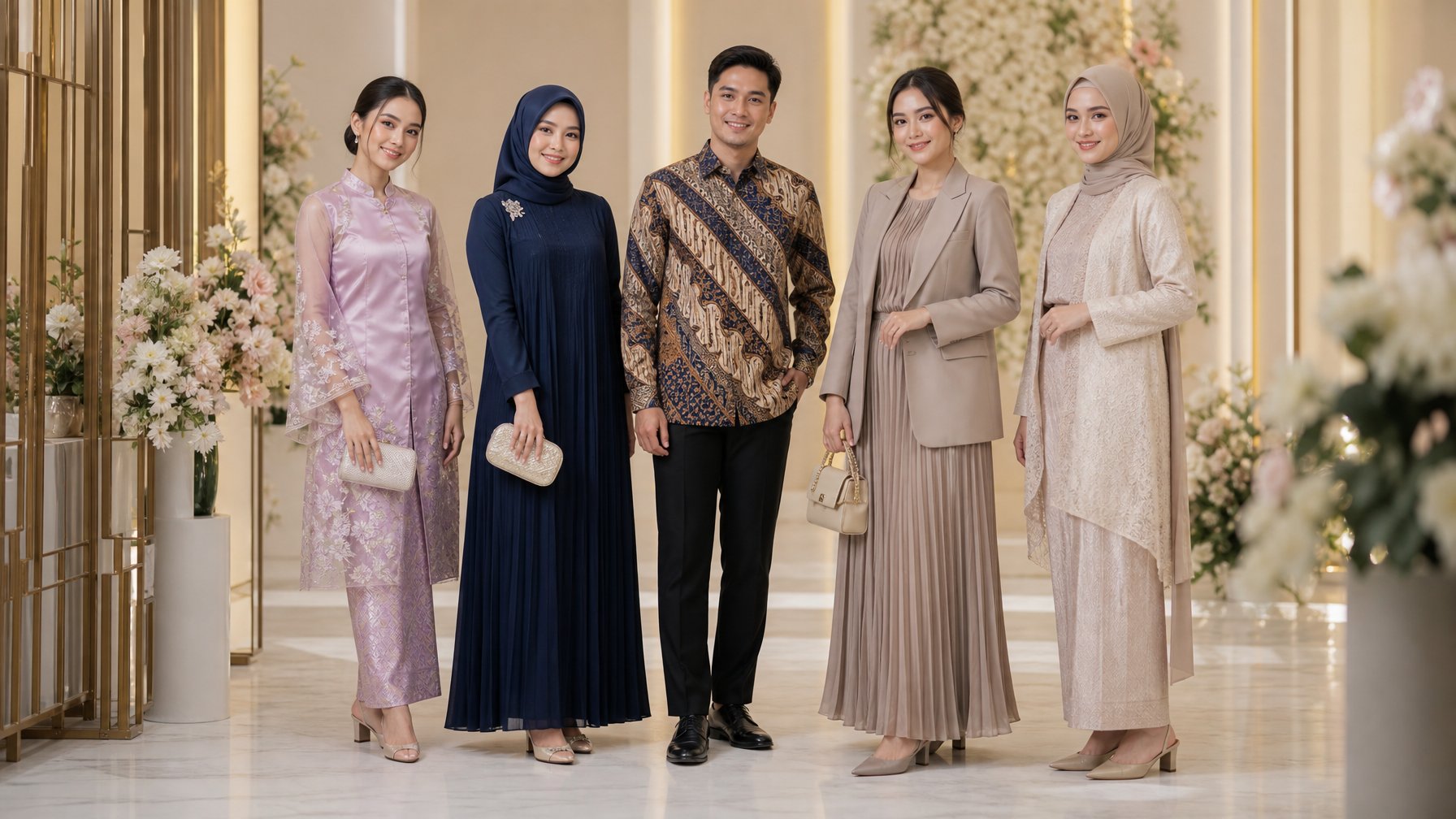 Sekelompok orang dewasa mengenakan busana elegan di sebuah ruang acara yang dihias bunga.