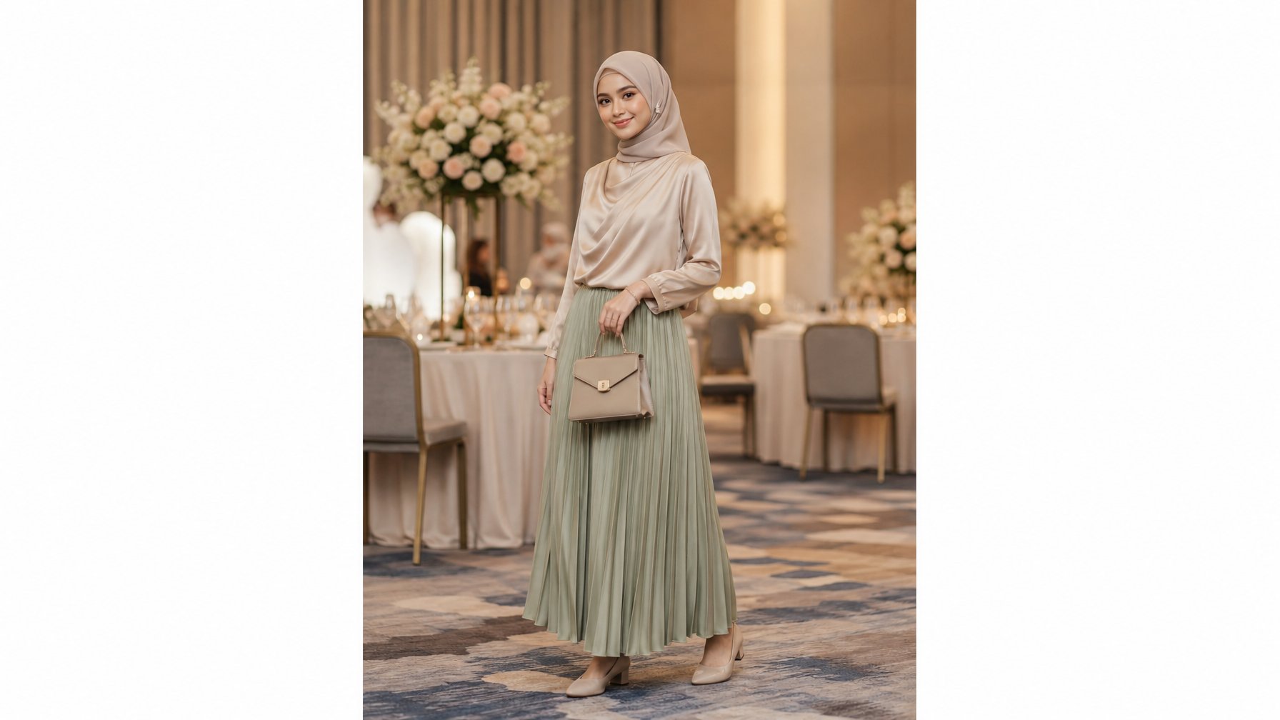 Seorang perempuan mengenakan busana elegan berdiri di ruang resepsi pernikahan.