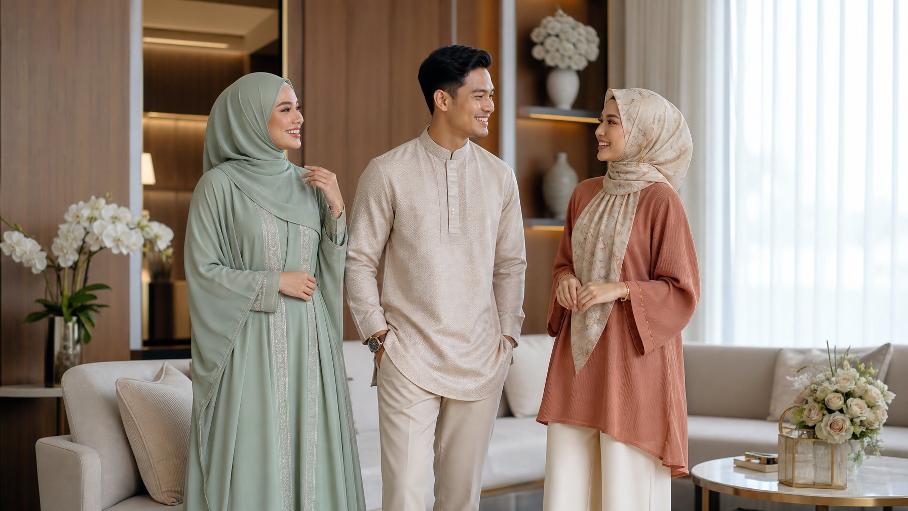 Tiga orang mengenakan busana Muslim elegan berdiri di ruang tamu untuk suasana Lebaran.