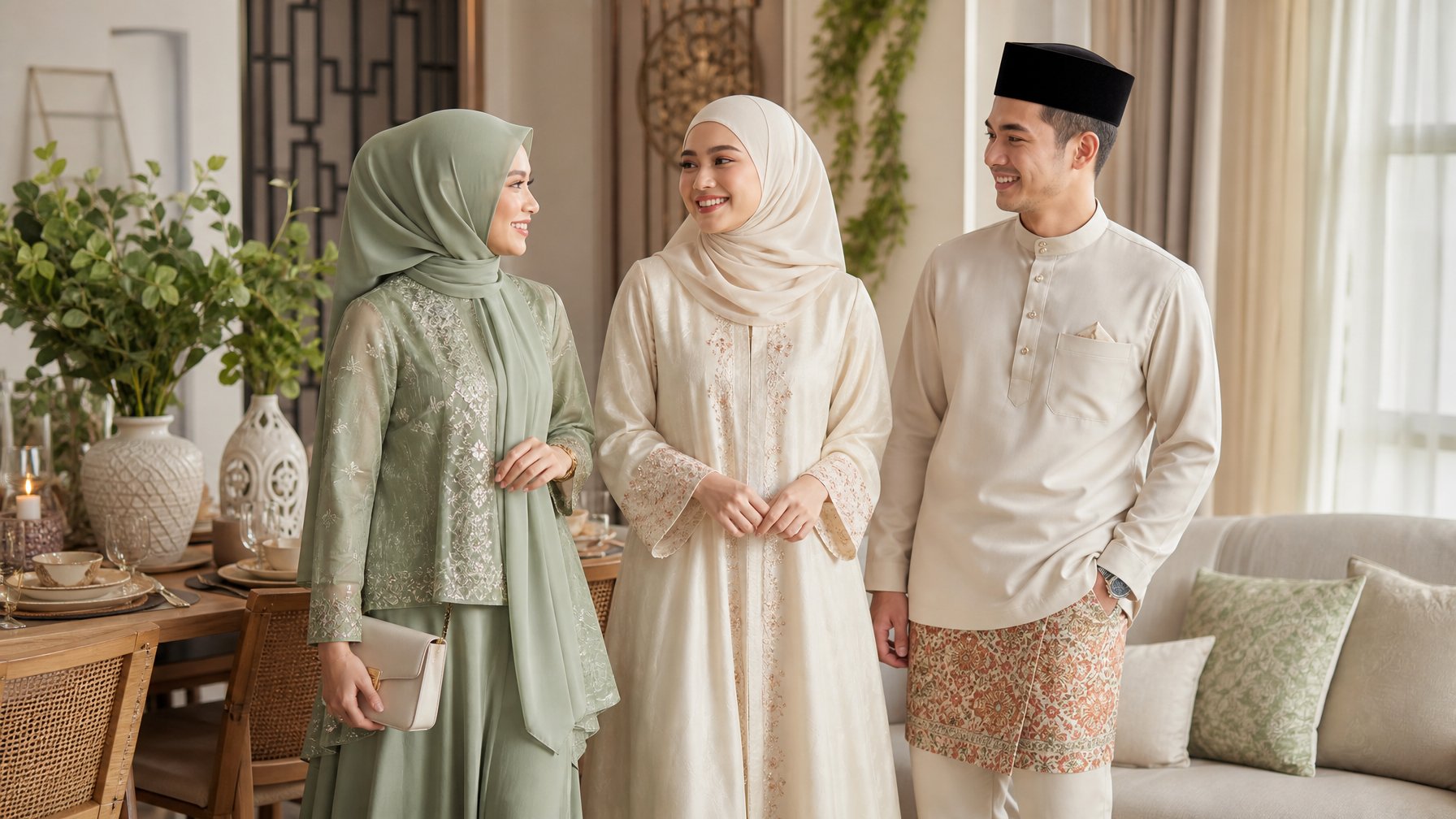 Tiga orang dewasa Muslim mengenakan busana Lebaran modern dan elegan di ruang rumah yang terang.