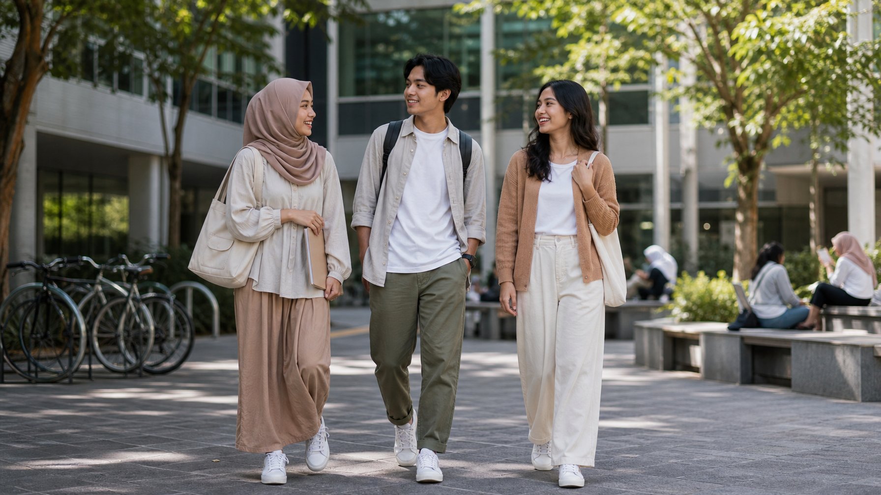 Tiga mahasiswa berjalan santai di halaman kampus dengan pakaian kasual yang nyaman dan ransel.