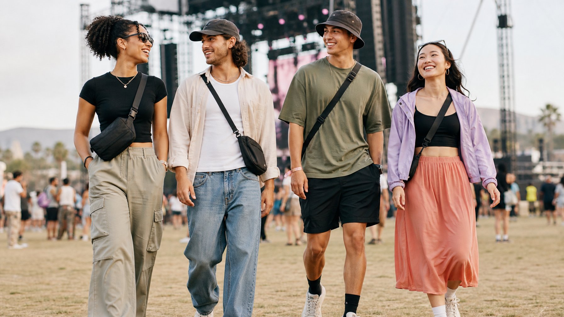 Empat orang mengenakan pakaian nyaman dan modis sedang berjalan di area festival musik.
