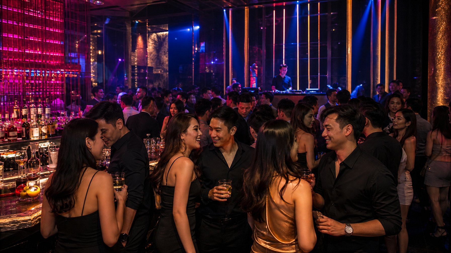 Anak muda bersosialisasi dan menari di klub malam modern dengan bar serta pencahayaan warna-warni.