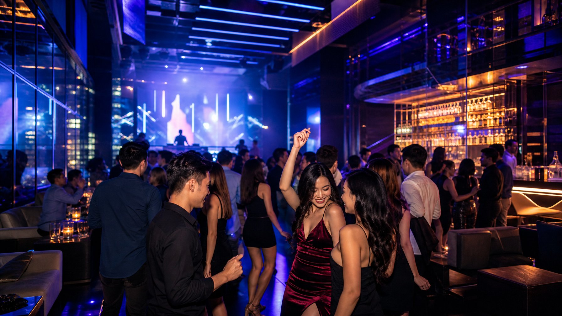 Pengunjung menikmati suasana klub malam modern dengan lampu warna-warni dan area bar.