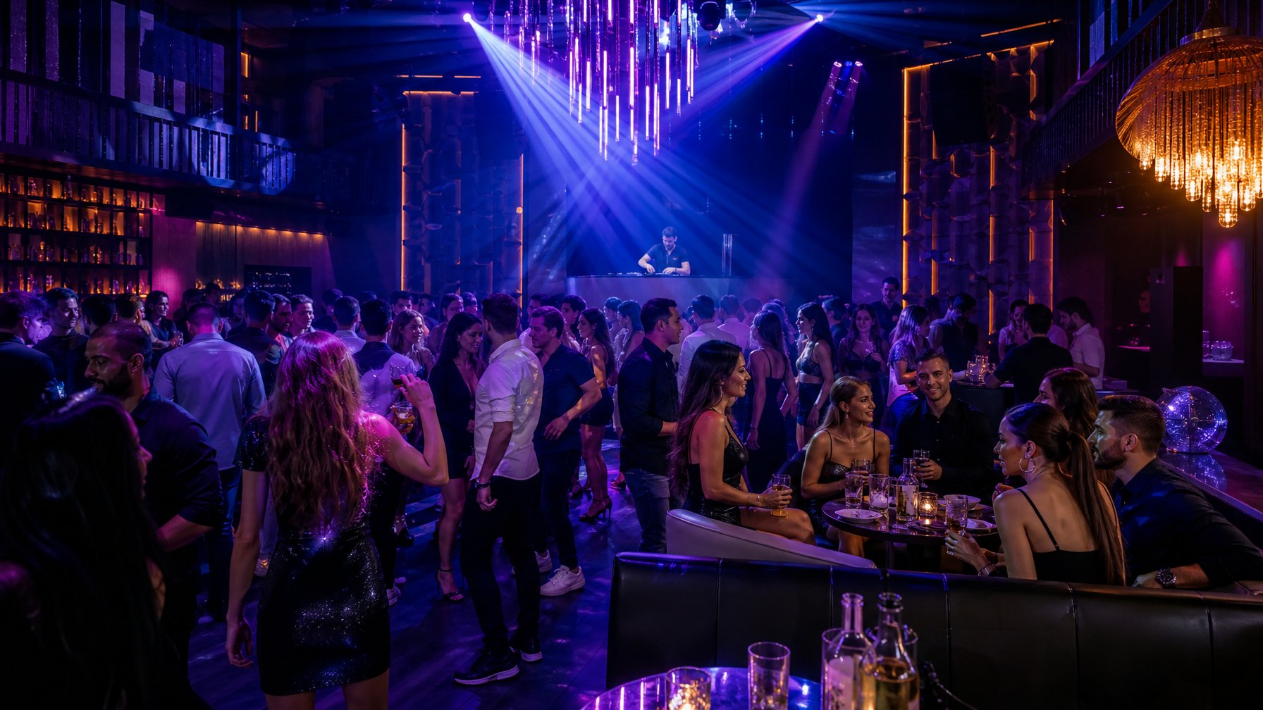 Suasana klub malam modern dengan DJ, lantai dansa, dan pengunjung yang menikmati musik.
