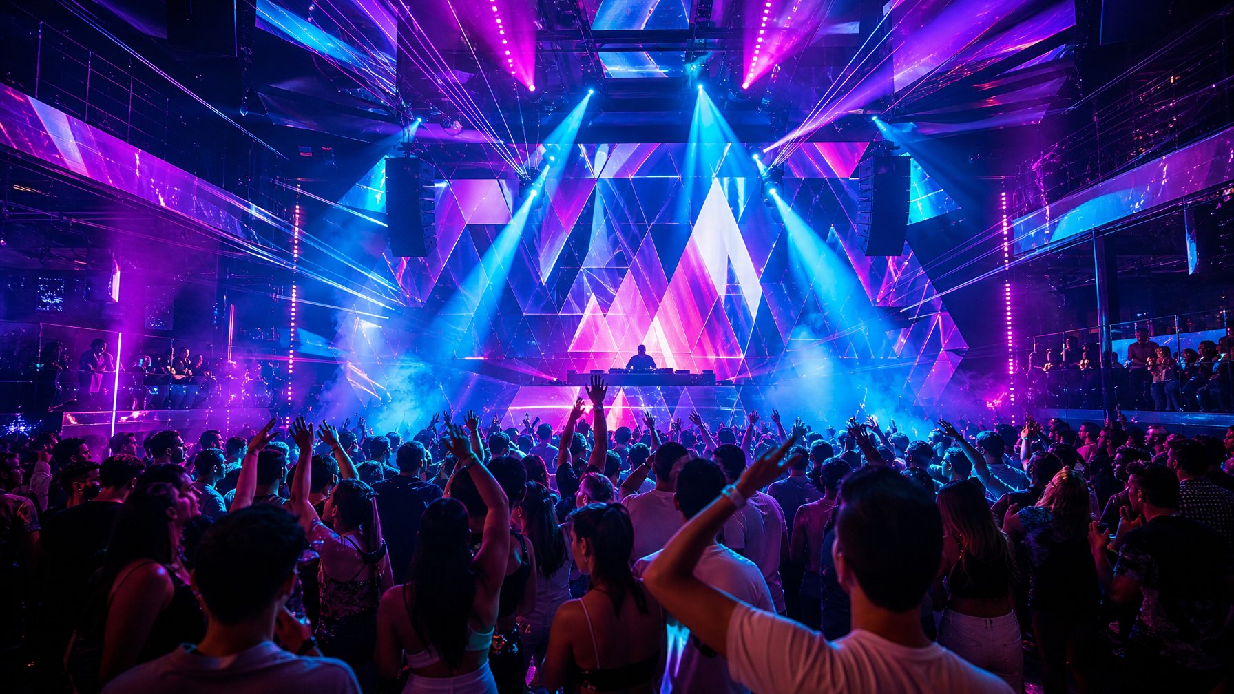 Kerumunan orang menari di klub malam dengan panggung EDM futuristik dan sorotan lampu warna-warni.