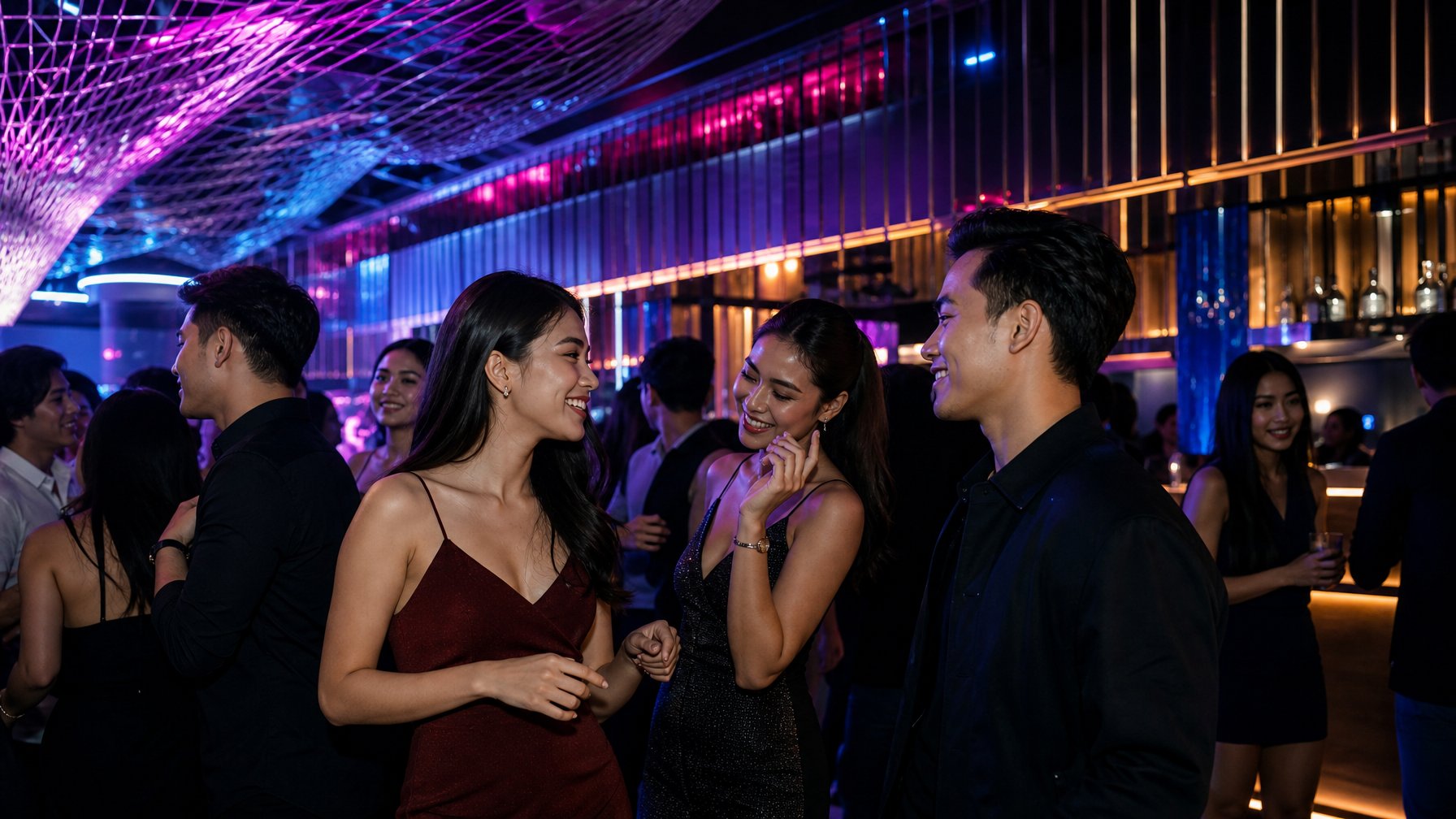 Orang-orang menikmati suasana klub malam modern dengan lampu warna-warni dan area dansa yang ramai.