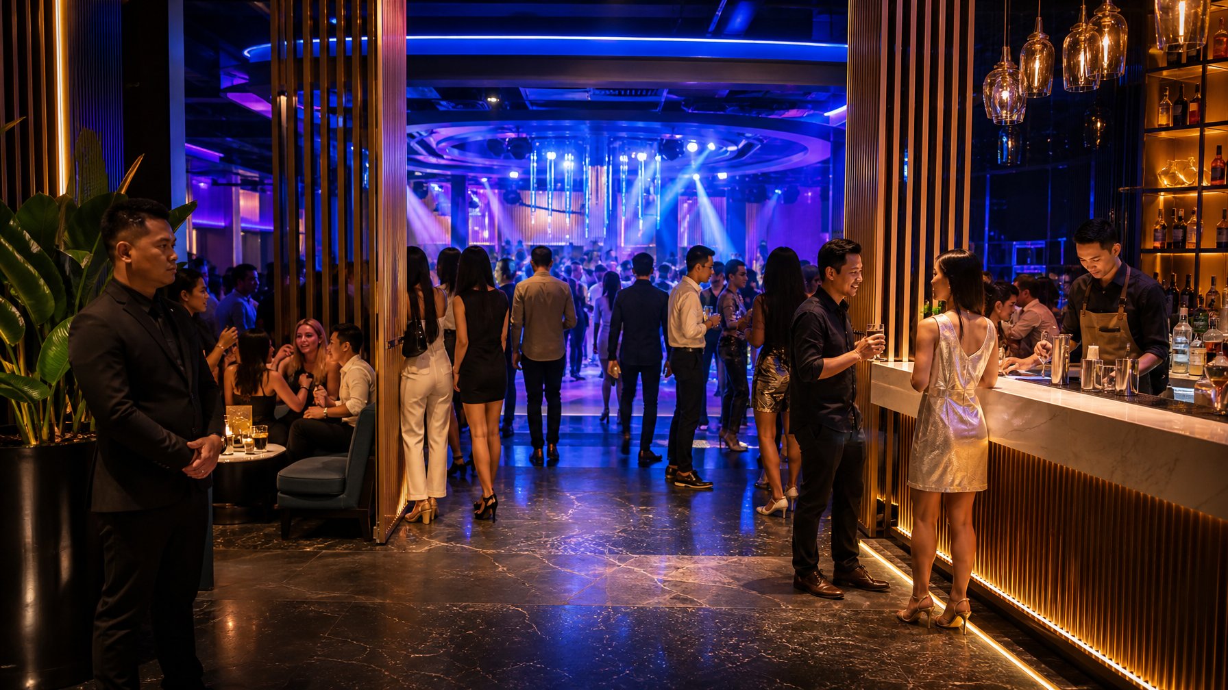 Suasana klub malam modern dengan area dansa, bar, dan pengunjung yang menikmati hiburan.