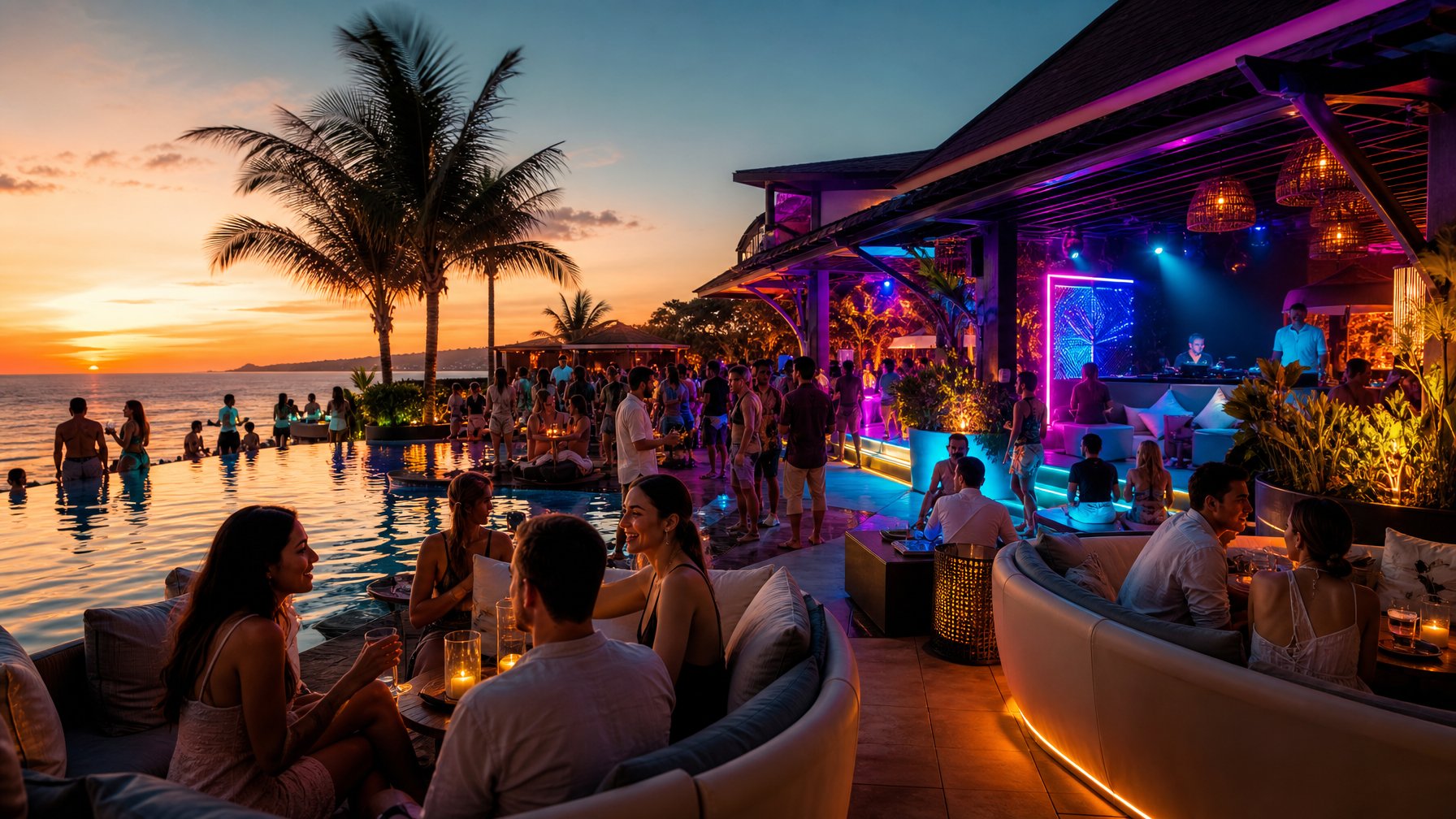 Suasana beach club Bali saat senja dengan kolam renang, pohon palem, musik, dan pengunjung menikmati malam.