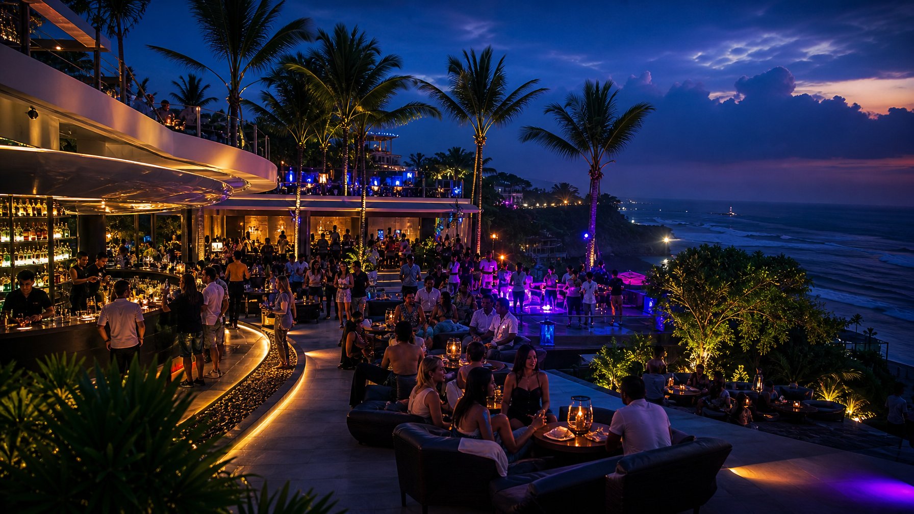 Suasana venue malam mewah di tepi pantai Bali dengan pengunjung dewasa, lampu hangat, dan pemandangan laut.
