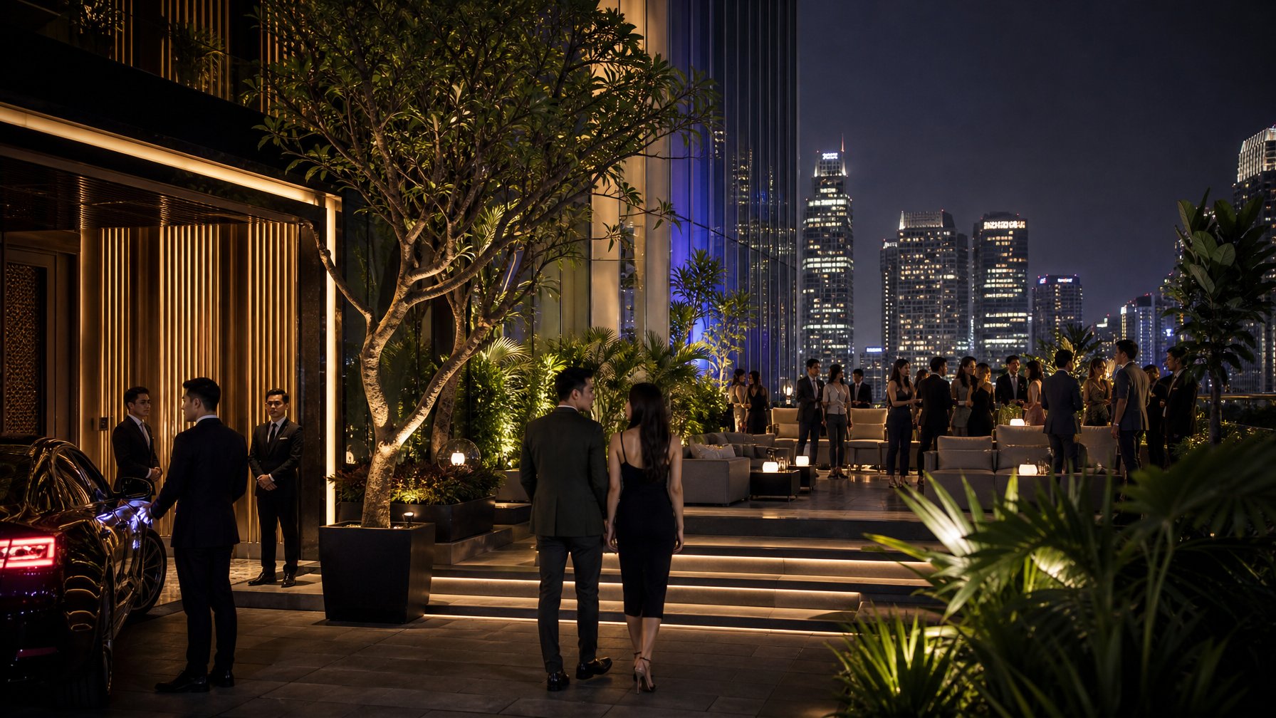 Suasana klub malam mewah dan eksklusif dengan pengunjung berpakaian elegan di kawasan SCBD Jakarta Selatan.