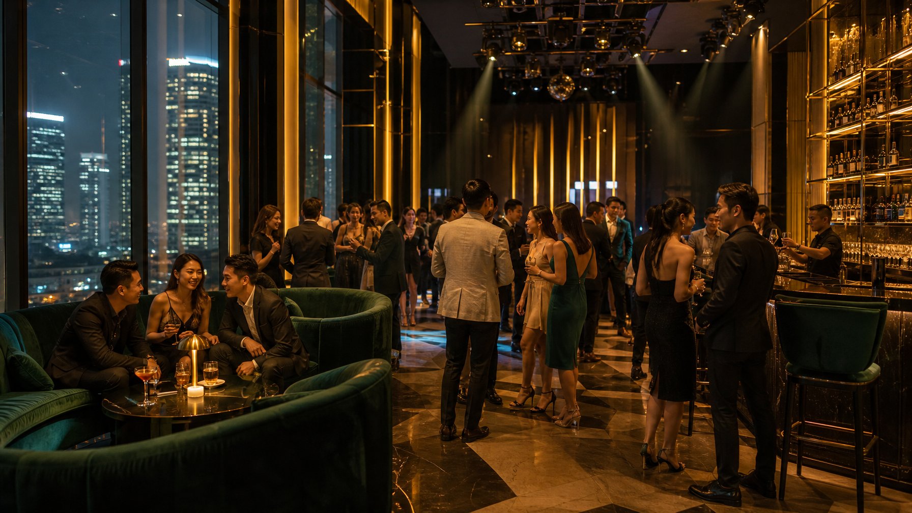 Suasana klub malam mewah di SCBD dengan bar elegan, lampu temaram, dan pengunjung berpakaian rapi.