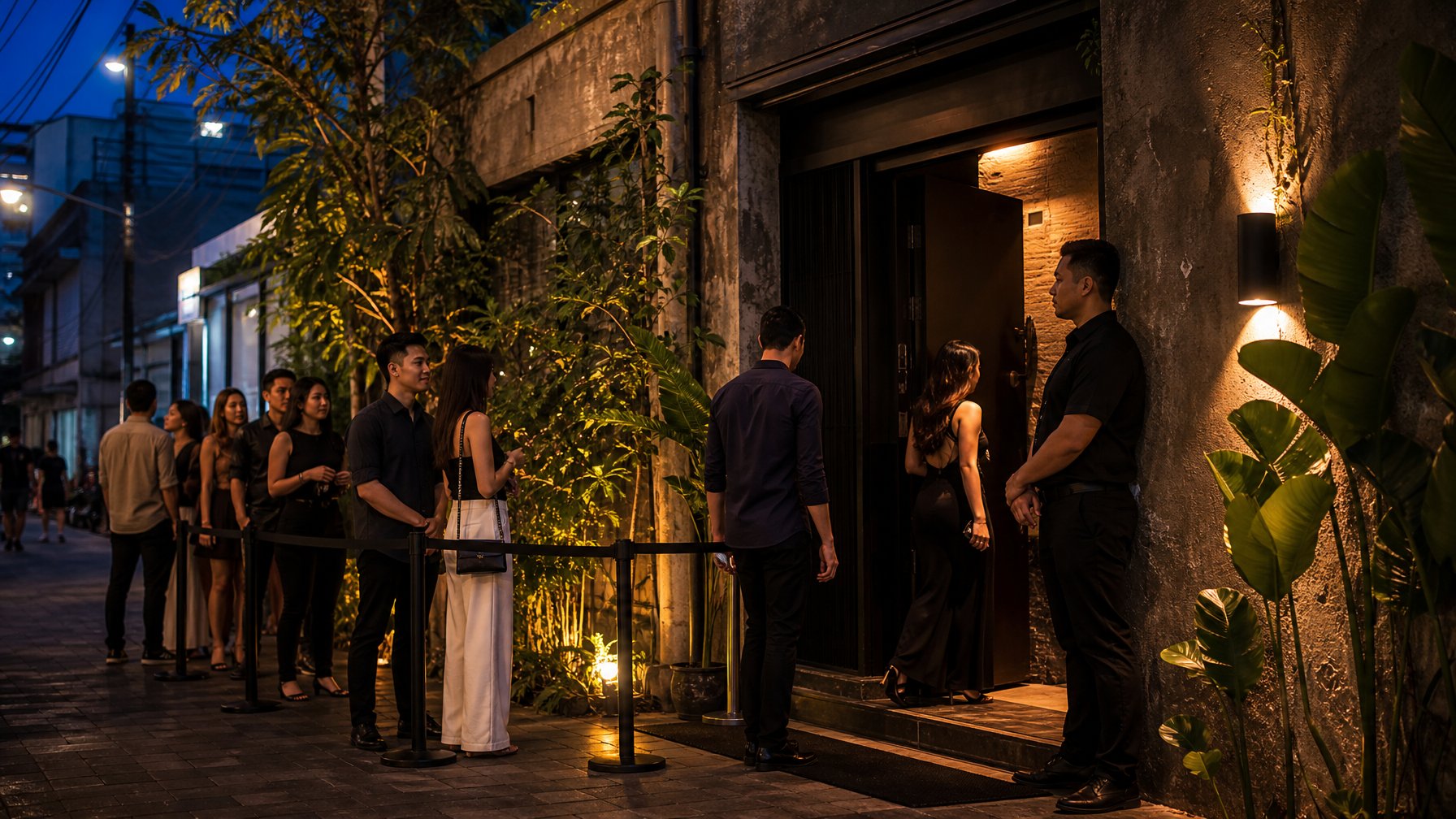 Sekelompok orang tiba di pintu masuk klub malam tersembunyi yang elegan di sebuah gang kota pada malam hari.