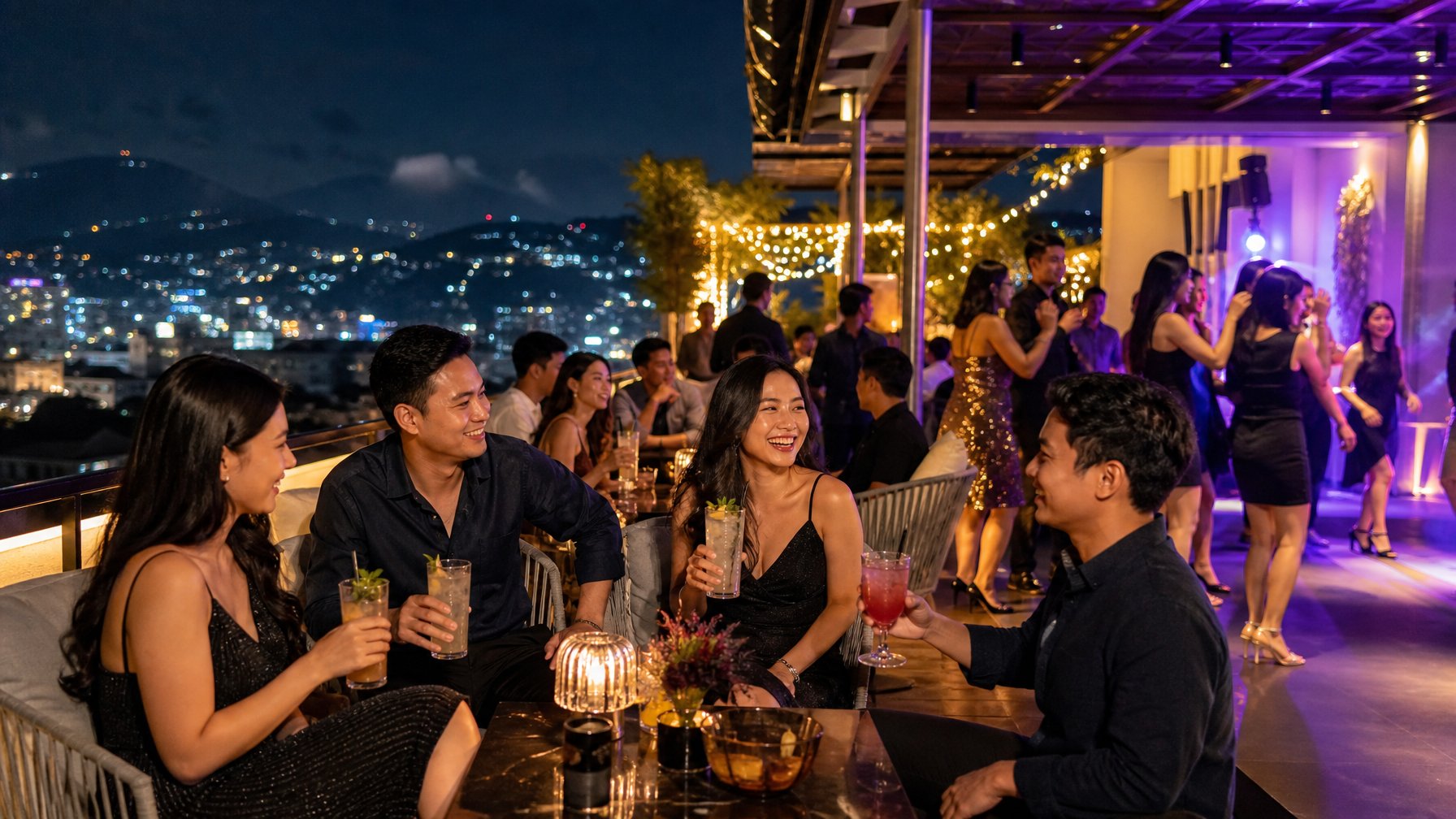Sekelompok anak muda menikmati suasana malam tahun baru di bar rooftop dengan pemandangan kota Bandung.