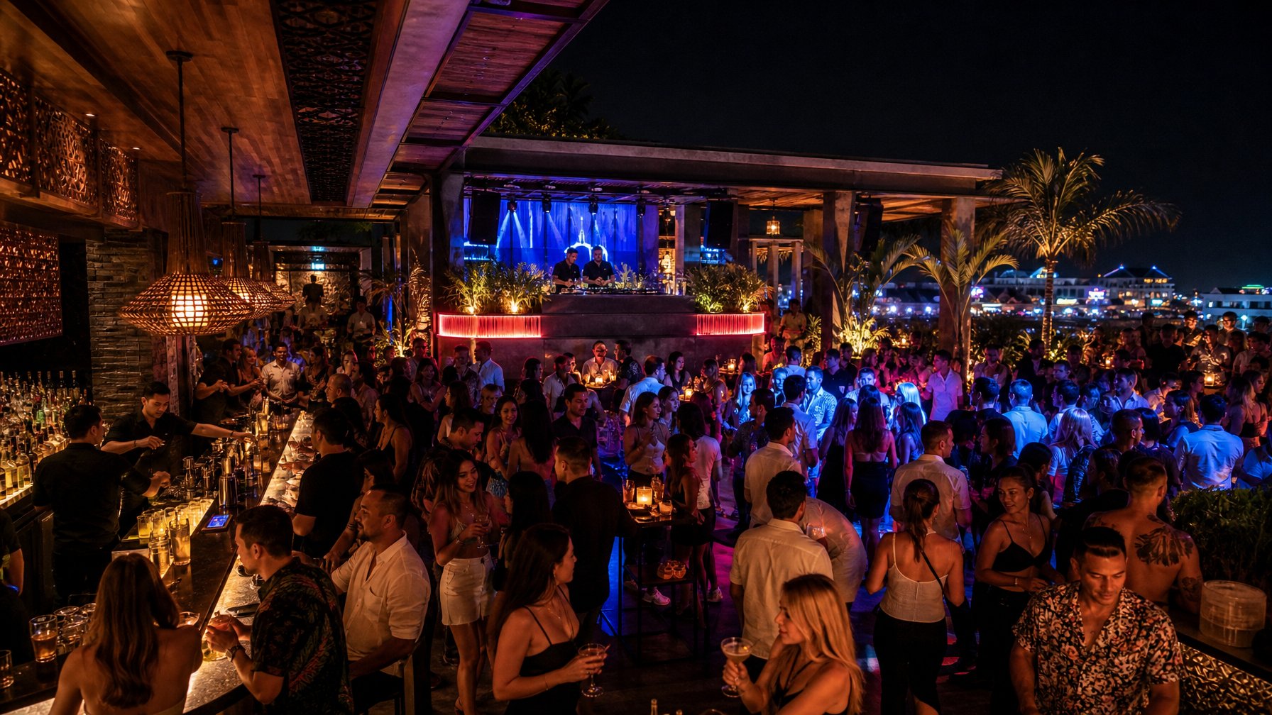 Suasana klub malam modern di Seminyak, Bali, dengan pengunjung menikmati musik dan lampu warna-warni di area terbuka.