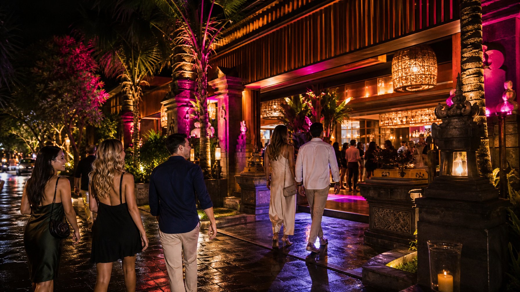 Suasana malam yang ramai di kawasan klub dan bar bergaya di Seminyak, Bali, dengan pengunjung dewasa bersosialisasi di dekat pintu masuk.