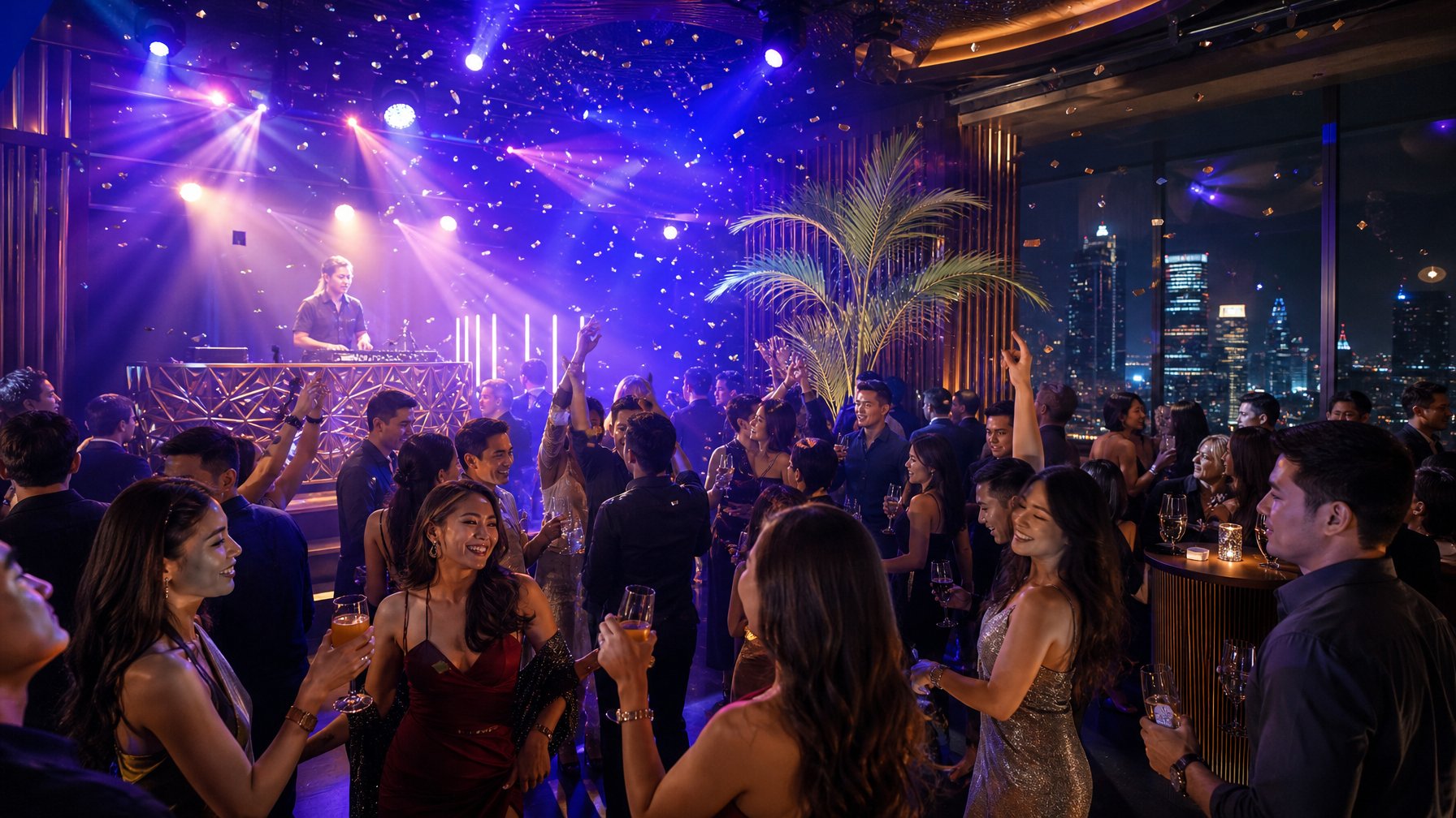 Suasana pesta malam Tahun Baru di klub malam mewah Jakarta dengan tamu yang menari di bawah lampu warna-warni.