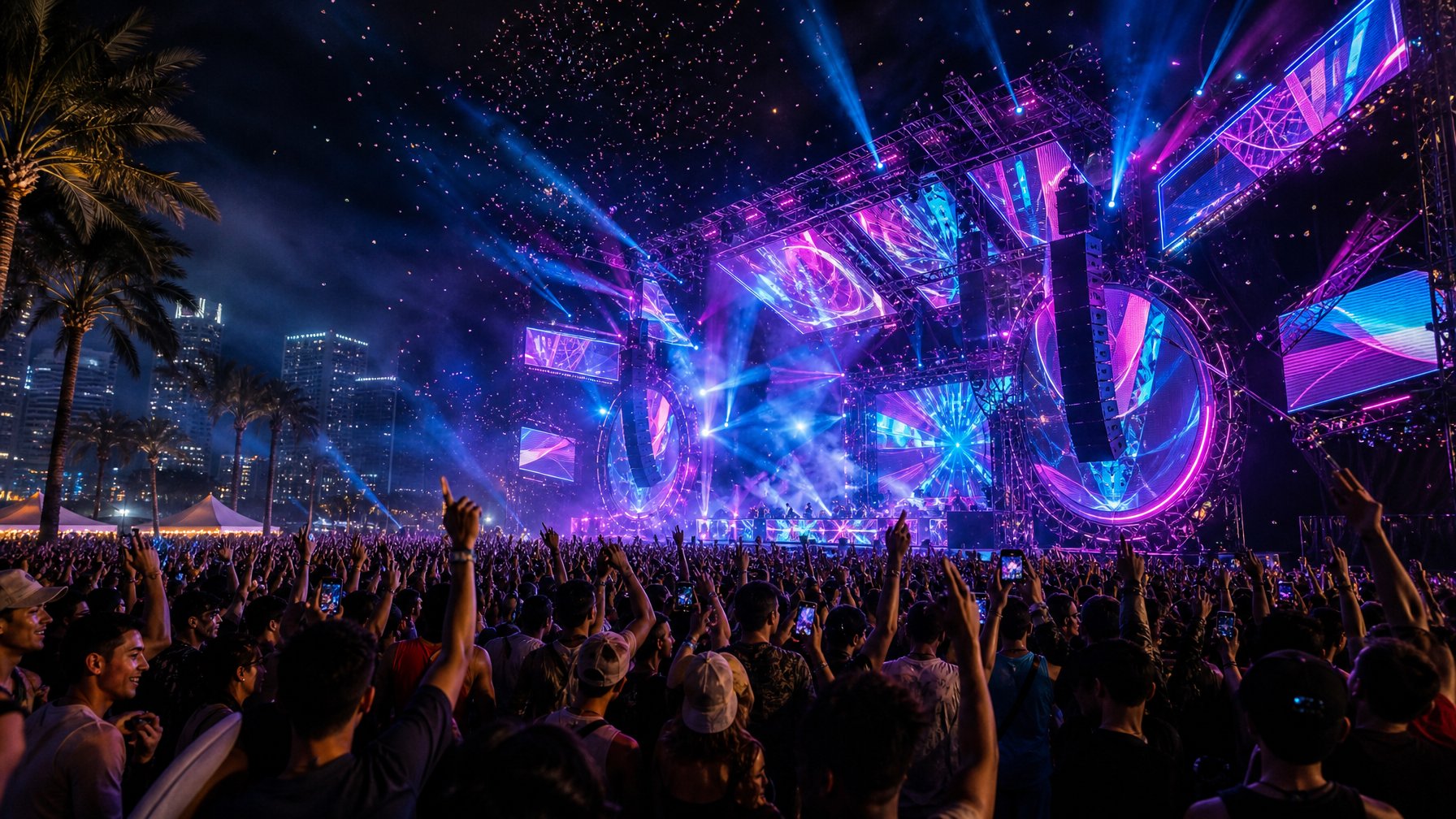 Kerumunan penonton menari di konser EDM malam hari dengan panggung bercahaya warna-warni.