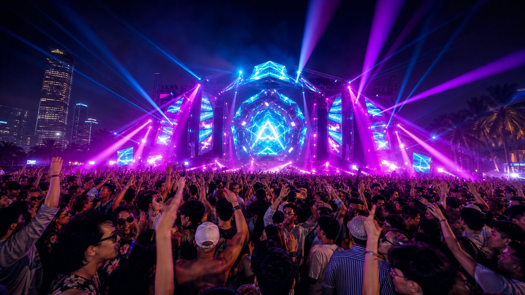 Kerumunan penonton menikmati konser EDM malam hari di depan panggung bercahaya warna-warni.