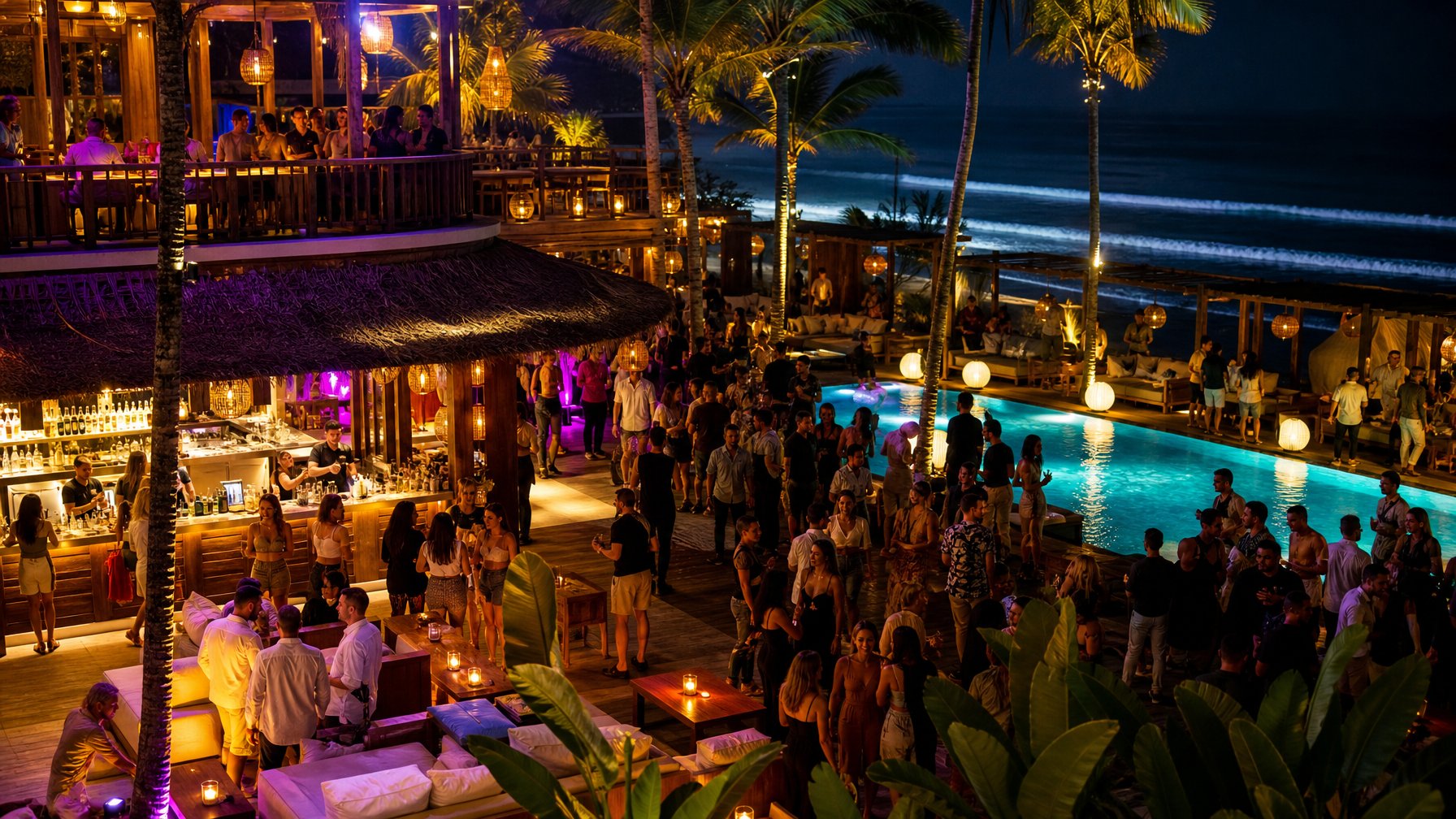 Suasana pesta malam di beach club Bali dengan tamu yang bersosialisasi di tepi kolam dan pantai.