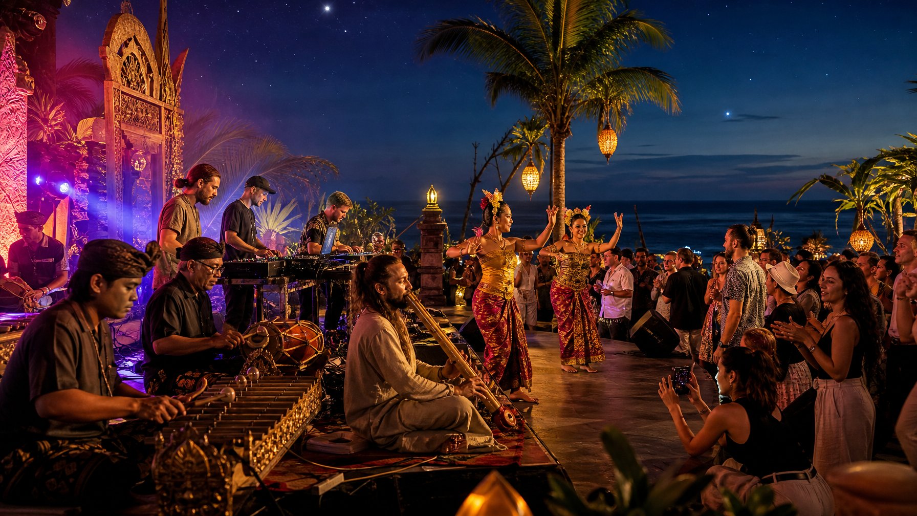 Seniman Bali dan seniman internasional tampil bersama di pesta malam terbuka dengan panggung bercahaya dan suasana meriah.